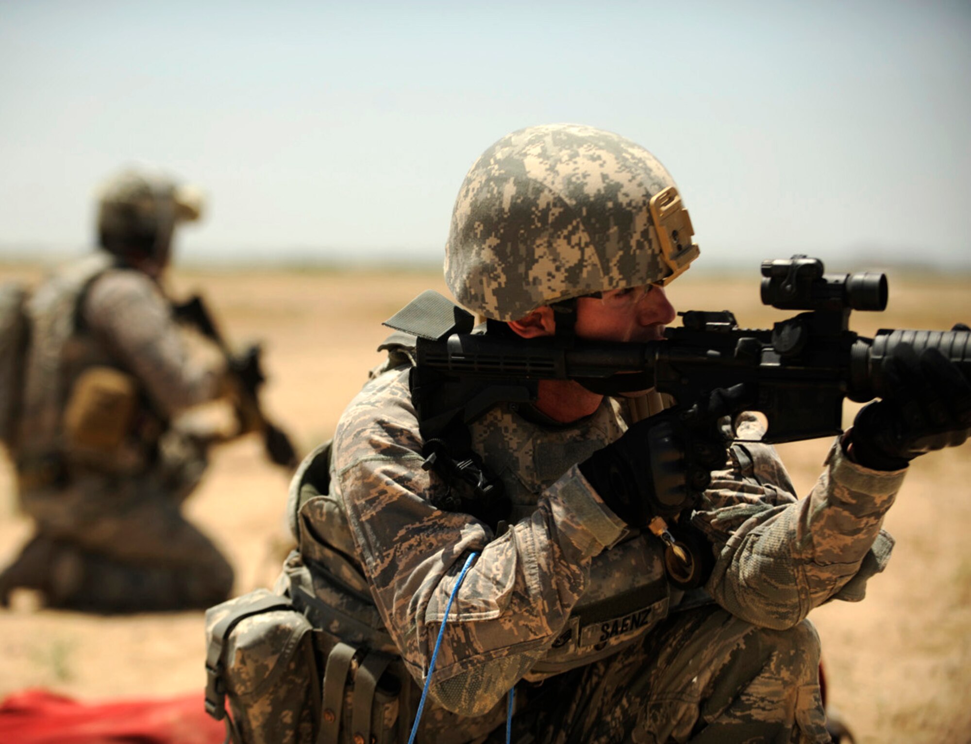 Staff Sgt.Scott Saenz conducts security during joint explosive ordnance training May 5 at Kandahar Airfield, Afghanistan. Sergeant Saenz is an explosive ordnance disposal technician with the 755th Explosive Ordnance Disposal unit. (U.S. Air Force photo/Staff Sgt. James L. Harper Jr.) 
