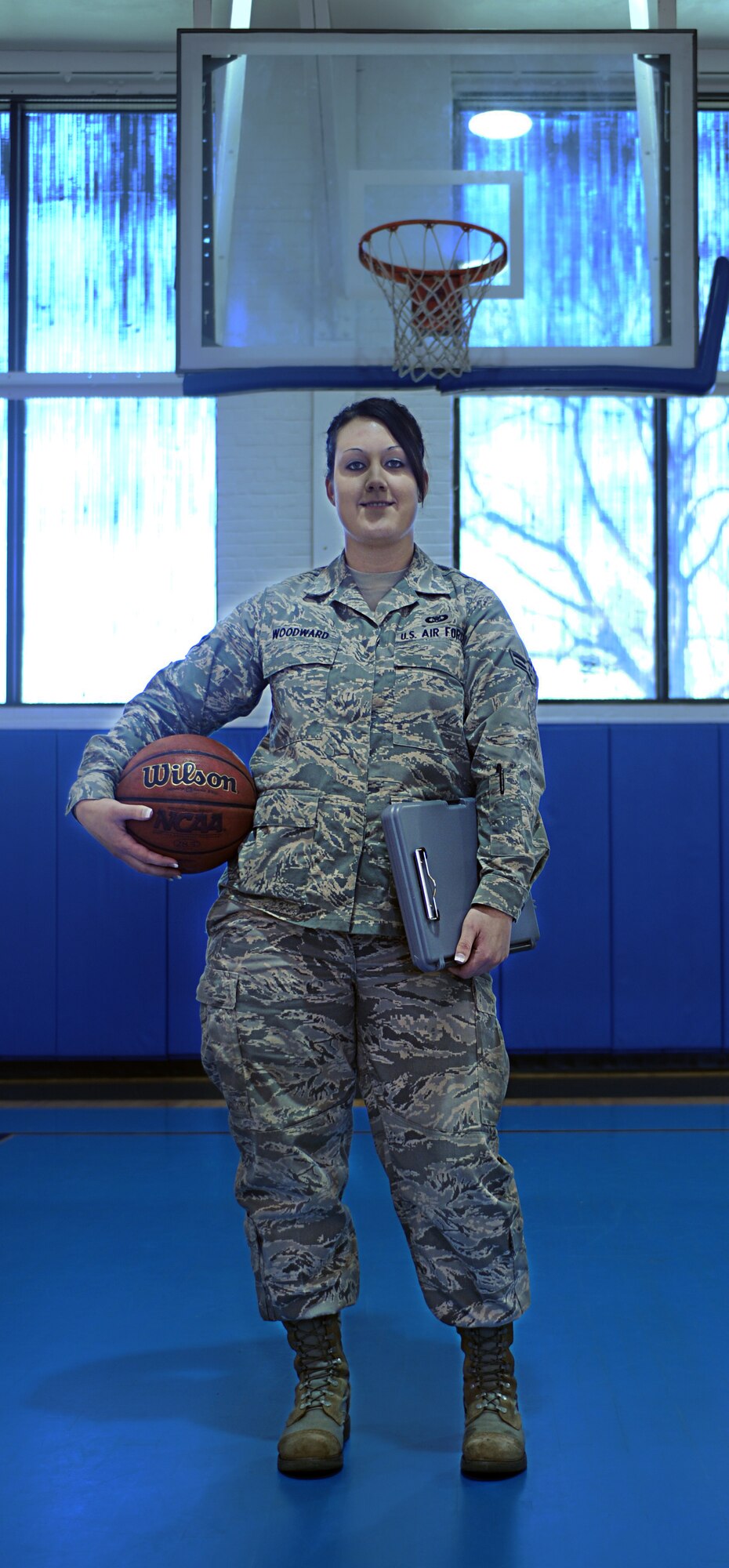 LANGLEY AIR FORCE BASE, Va. -- Airman 1st Class Whitney Woodward, 71st Fighter Squadron aviation resource management, volunteered to coach for the eight to ten-year-old basketball league at the youth center during her free time. (U.S. Air Force photo/Senior Airman Scott Aldridge)