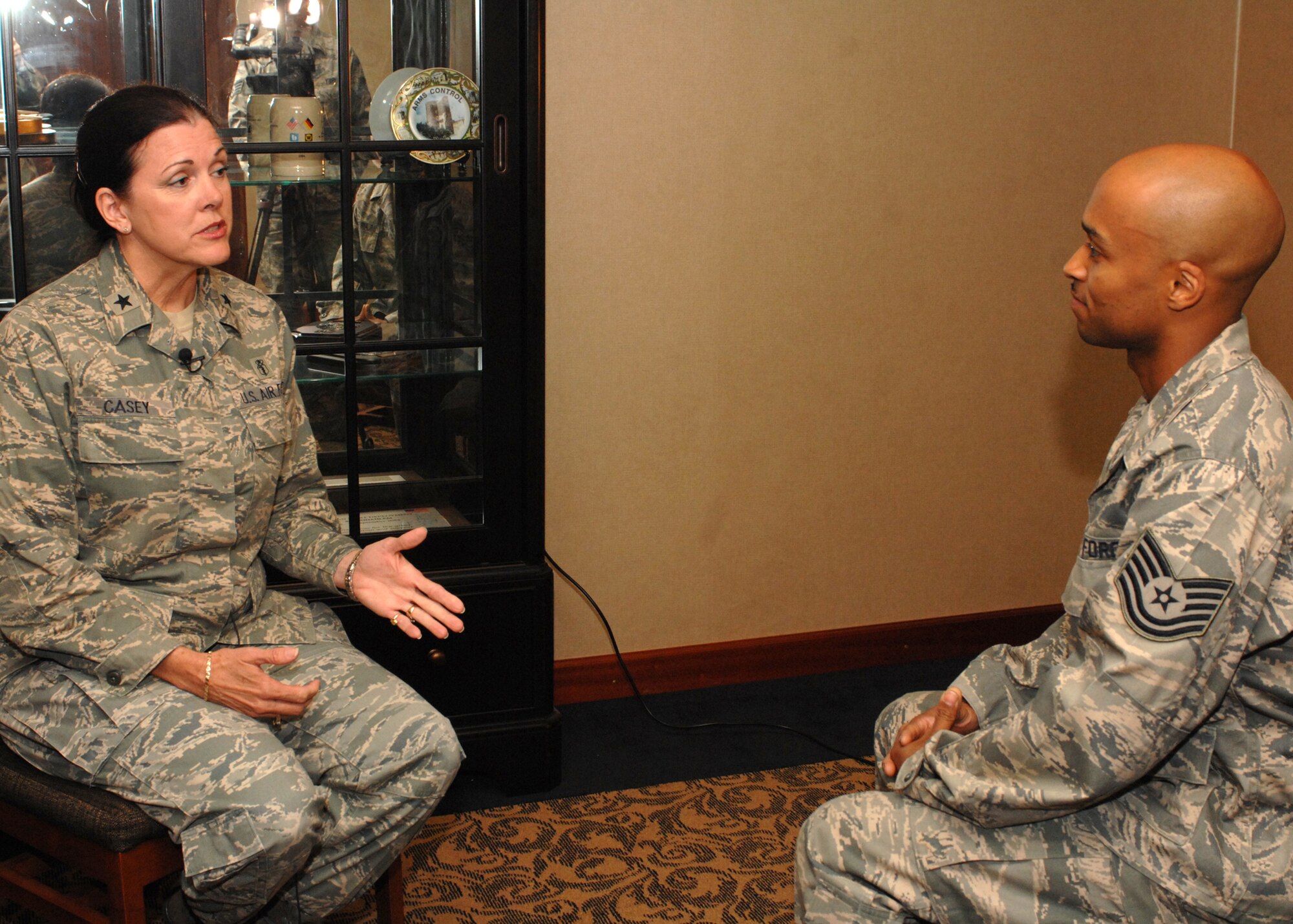 SPANGDAHLEM AIR BASE, Germany -- Brig. Gen. Theresa M. Casey, assistant surgeon general for modernization, Office of the Air Force Surgeon General, is interviewed by Tech. Sgt. John Anderson, Armed Forces Network May 27, 2009. General Casey visited with Airmen of the 52nd Medical Group and received a tour of Spangdahlem Air Base. (U.S. Air Force photo by Senior Airman Jenifer H. Calhoun)