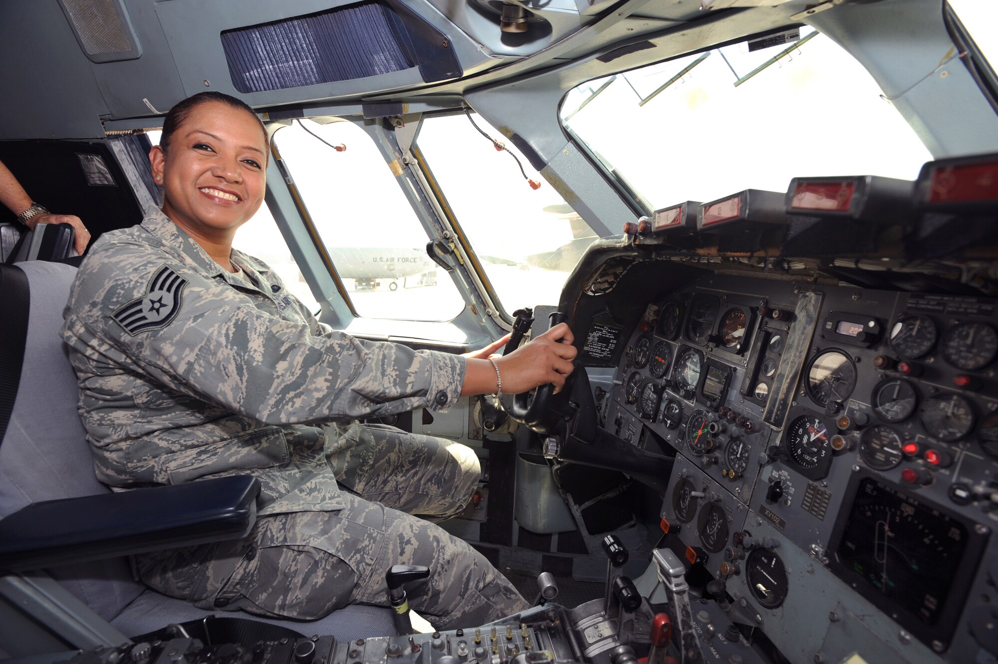 Staff Sgt. Cyndi Fejeran, a services specialist with the 379th Expeditionary Force Support Squadron, sits in the cockpit of a Royal Air Force Vickers VC-10 during Flightline Fest, May 29, 2009 in an undisclosed location in Southwest Asia. The 379th Air Expeditionary Wing hosted the half day event which gave base personnel the chance to look at coalition static aircraft displays and other equipment up close, all without interrupting the mission of providing combat airpower throughout the U.S. Central Command's area of responsibility.  Sergeant Fejeran is native to Guam, and is deployed with the Guam Air National Guard out of Anderson Air Base, Guam in support of Operations Iraqi and Enduring Freedom and Combined Joint Task Force - Horn of Africa. (U.S. Air Force Photo by Staff Sgt. Joshua Garcia/released)