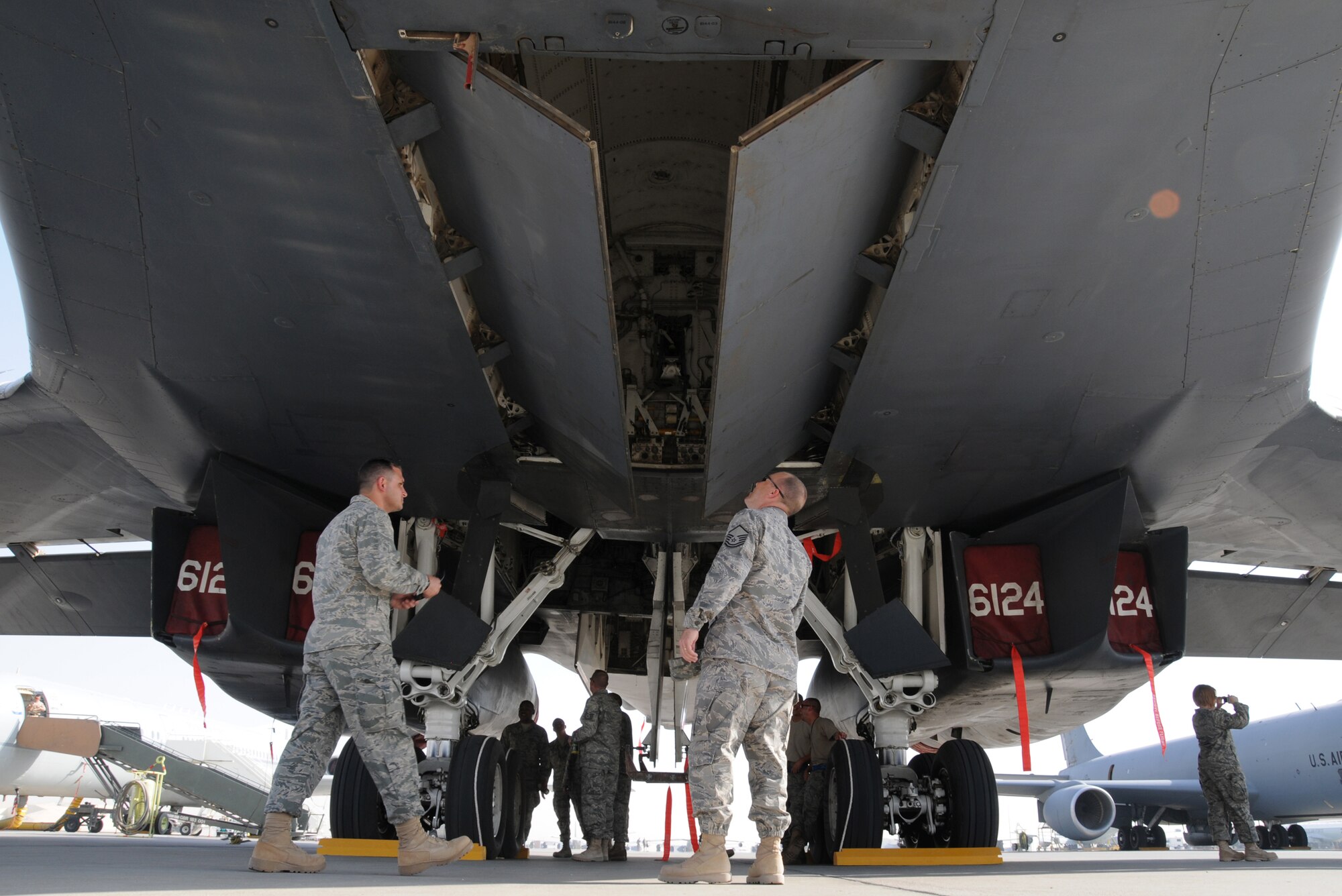 Base personnel were given the opportunity to visit the flightline and see aircraft like the B-1B Lancer on display at Flightline Fest, May 29, 2009, in an undisclosed location in Southwest Asia.  The 379th Air Expeditionary Wing hosted the half day event which gave base personnel the chance to look at static aircraft displays and other equipment up close, all without interrupting the mission of providing combat airpower throughout the U.S. Central Command's area of responsibility.  The 379th Air Expeditionary Wing operates in support of Operations Iraqi and Enduring Freedom and Combined Joint Task Force-Horn of Africa.  (U.S. Air Force photo by Senior Master Sgt. Brad Fallin/released)