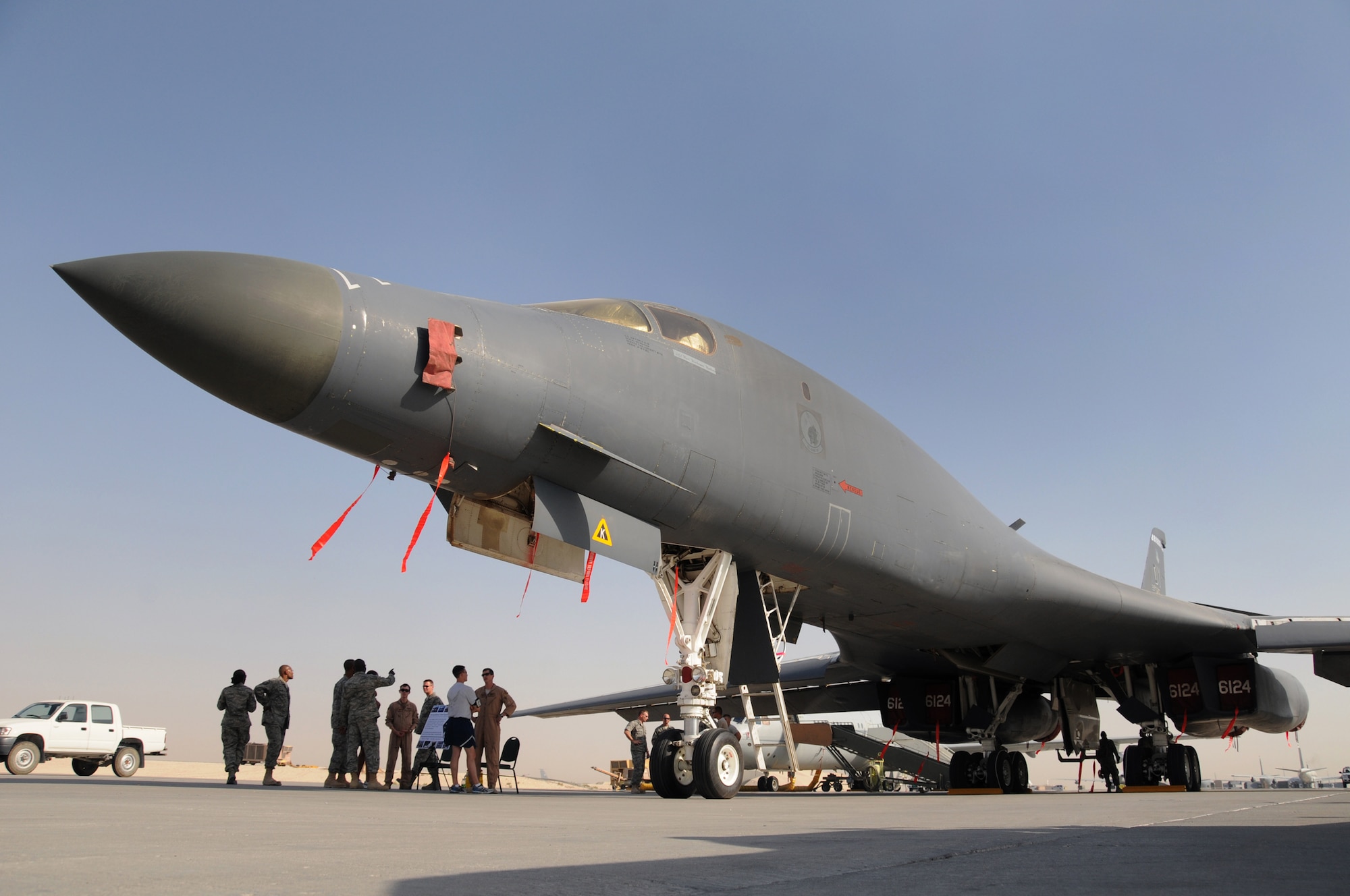 Base personnel were given the opportunity to visit the flightline and see aircraft like the B-1B Lancer on display at Flightline Fest, May 29, 2009, in an undisclosed location in Southwest Asia.  The 379th Air Expeditionary Wing hosted the half day event which gave base personnel the chance to look at static aircraft displays and other equipment up close, all without interrupting the mission of providing combat airpower throughout the U.S. Central Command's area of responsibility.  The 379th Air Expeditionary Wing operates in support of Operations Iraqi and Enduring Freedom and Combined Joint Task Force-Horn of Africa.  (U.S. Air Force photo by Senior Master Sgt. Brad Fallin/released)