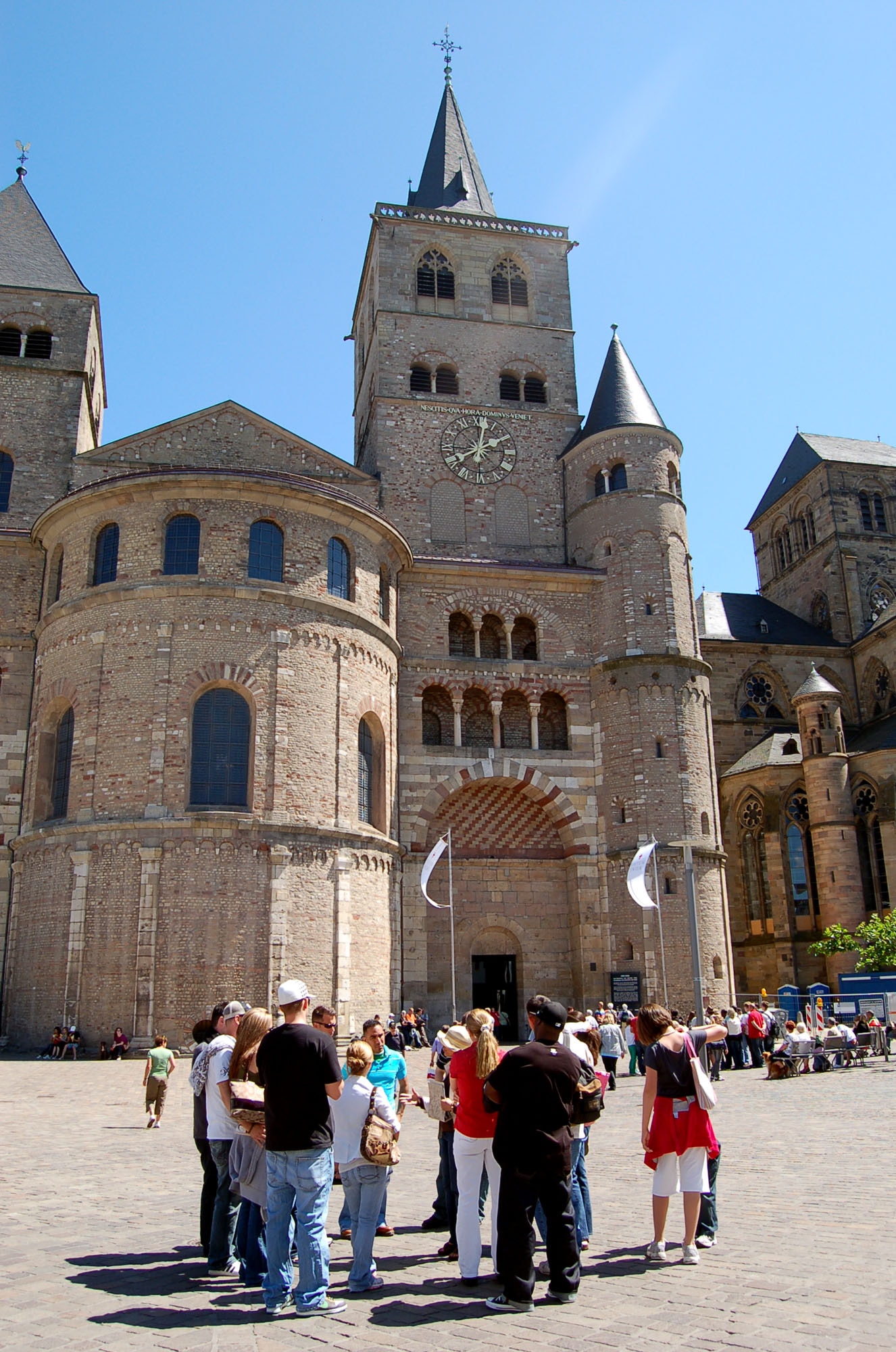 SPANGDAHLEM AIR BASE, Germany – The tour group participating in the trip to Trier May 22, 2009 gathers in the Dom Platz, or cathedral square, in front of the oldest Catholic Cathedral in Germany, Dom St. Peter. The trip, sponsored by the Airman & Family Readiness Center, offers incoming Airmen and their families, as well as current Sabers and their visiting families and friends, the opportunity to explore the local area. (U.S. Air Force photo by Senior Airman Kali L. Gradishar)
