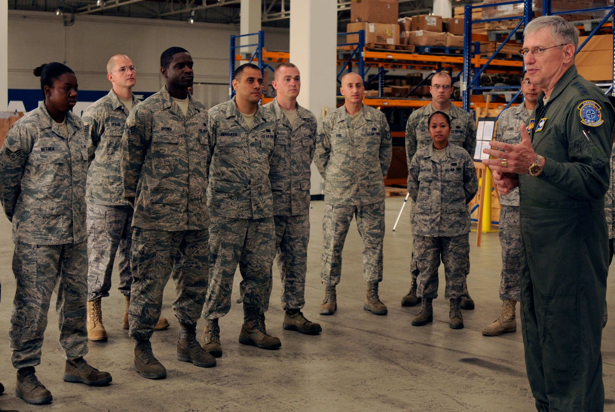 Gen. Roger Brady, United States Air Forces in Europe commander, speaks to the Airmen of the 39th Logistics Readiness Squadron about the importance of their career field May 20, 2009 at Incirlik Air Base, Turkey. General Brady visited Incirlik to speak with leadership and visit with the Airmen. He also toured the base, getting a firsthand view of Incirlik’s squadrons and facilities.  (U.S. Air Force photo/Airman 1st Class Amber Russell)