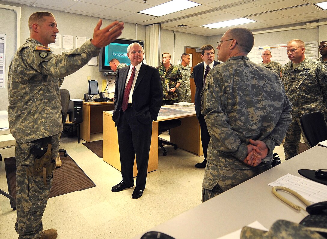 U.S. Defense Secretary Robert M. Gates talks to members of Fort Greely's military police security detachment after visiting ground-based interceptor missile silos on Fort Greely, Alaska, June 1, 2009.
DoD photo by U.S. Air Force Master Sgt. Jerry Morrison
