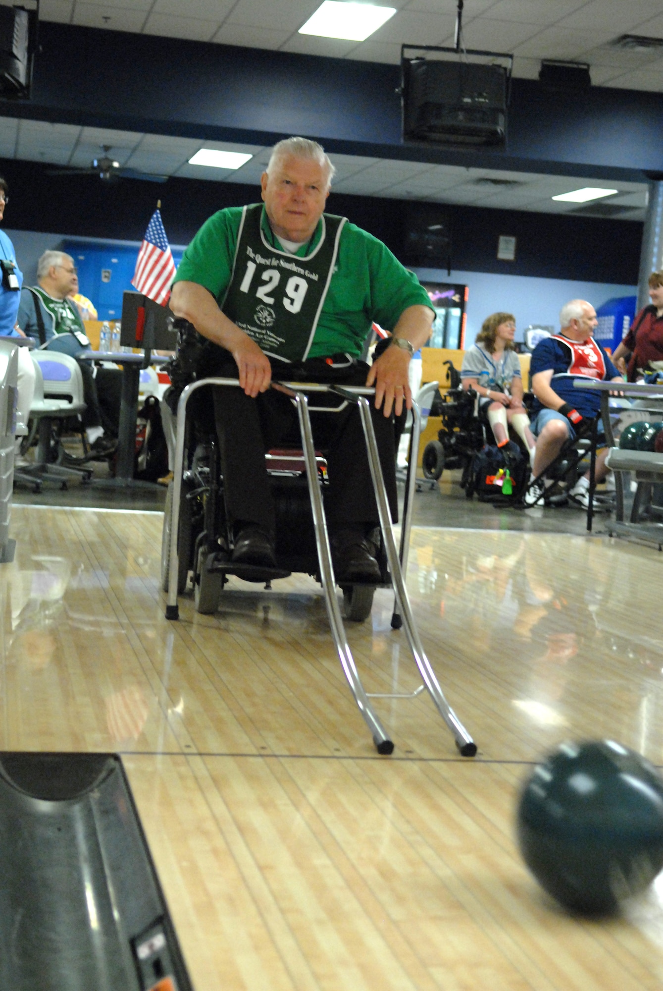 Air Force and Korean War veteran Gustav Horn, 79, hopes for a strike as his bowling ball heads for the pins June 2 in Trussville, Ala., during the 23rd Annual National Veterans Golden Age Games. (Defense Department photo/Army Sgt. 1st Class Michael J. Carden)