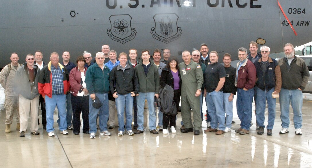 GRISSOM AIR RESERVE BASE, Ind., -- Civilian employers of Air Force reservists assemble for a group photo in front of a KC-135R Stratotanker.  The employers, who are an important part of the Air Force Reserve team, visited the base and received a first-hand look at the 434th Air Refueling Wing and its mission.  Included in the activities were an executive session with Brig Gen Dean Despinoy, 434th ARW Commander, and a KC-135R flight during a refueling mission with a C-17 Globemaster.  (U.S. Air Force photo/Senior Airman Carl Berry)