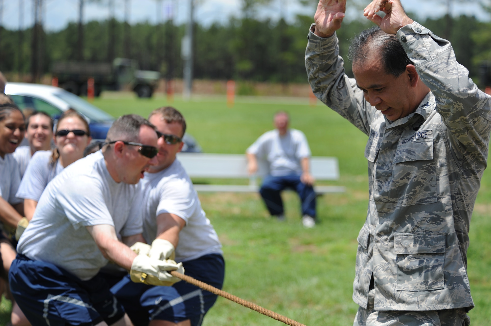 SHAW AIR FORCE BASE, S.C. -- Colonel Ted Uchida, 20th Mission Support Group commander, signals the start of the tug-of-war event during the 20th MSG Operational Readiness Inspection Combat Rally May 26. The rally was comprised of combat-themed competitions that served as a refresher in Ability to Survive and Operate procedures for Shaw's June ORI. (U.S. Air Force photo/Matt Davis)

