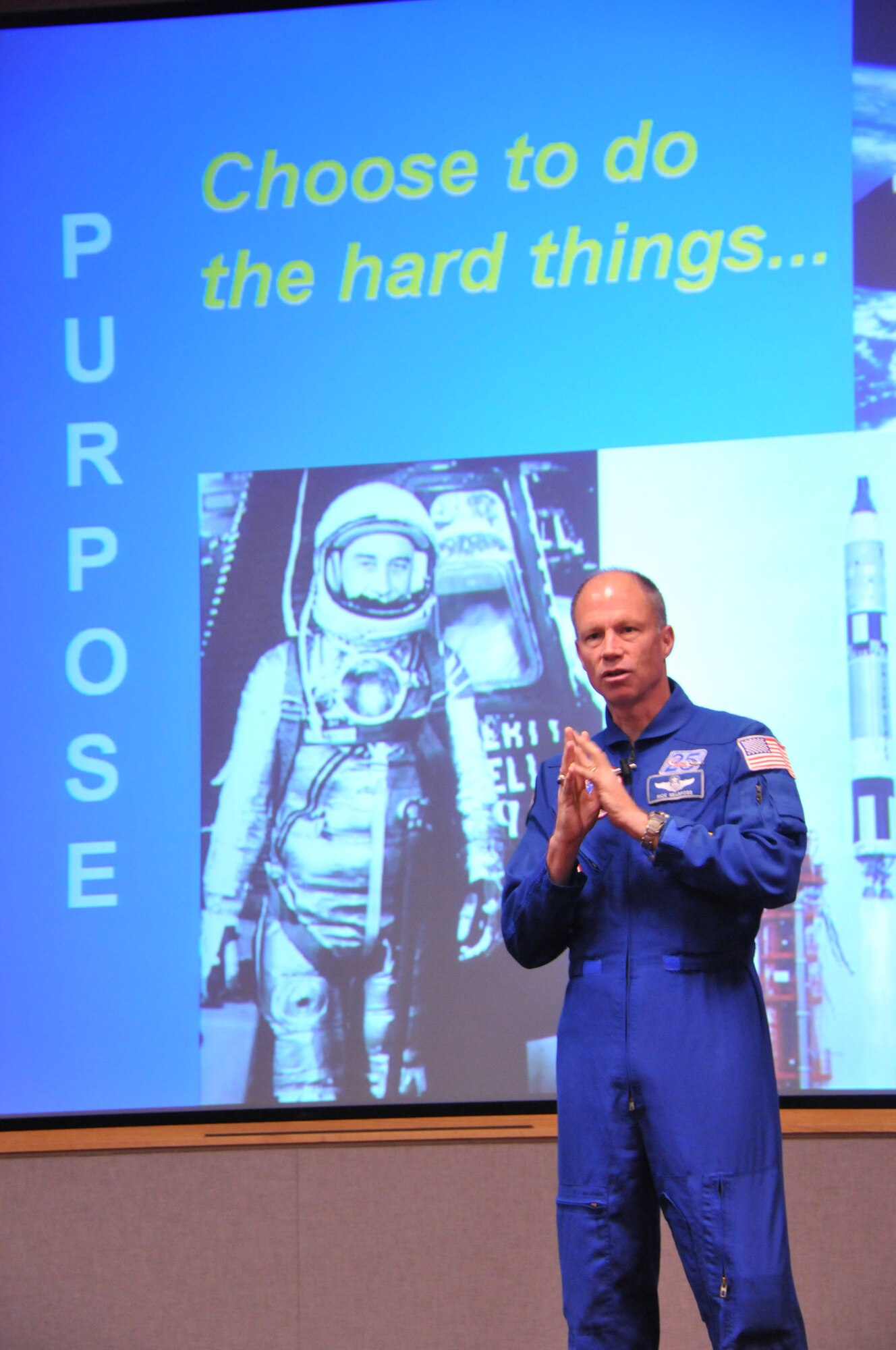 Retired Col. Rick Searfoss shares his experiences as a NASA astronaut during AEDC’s Safety and Health Week. During his career, Searfoss piloted and commanded three missions to space. (Photo by David Housch)

