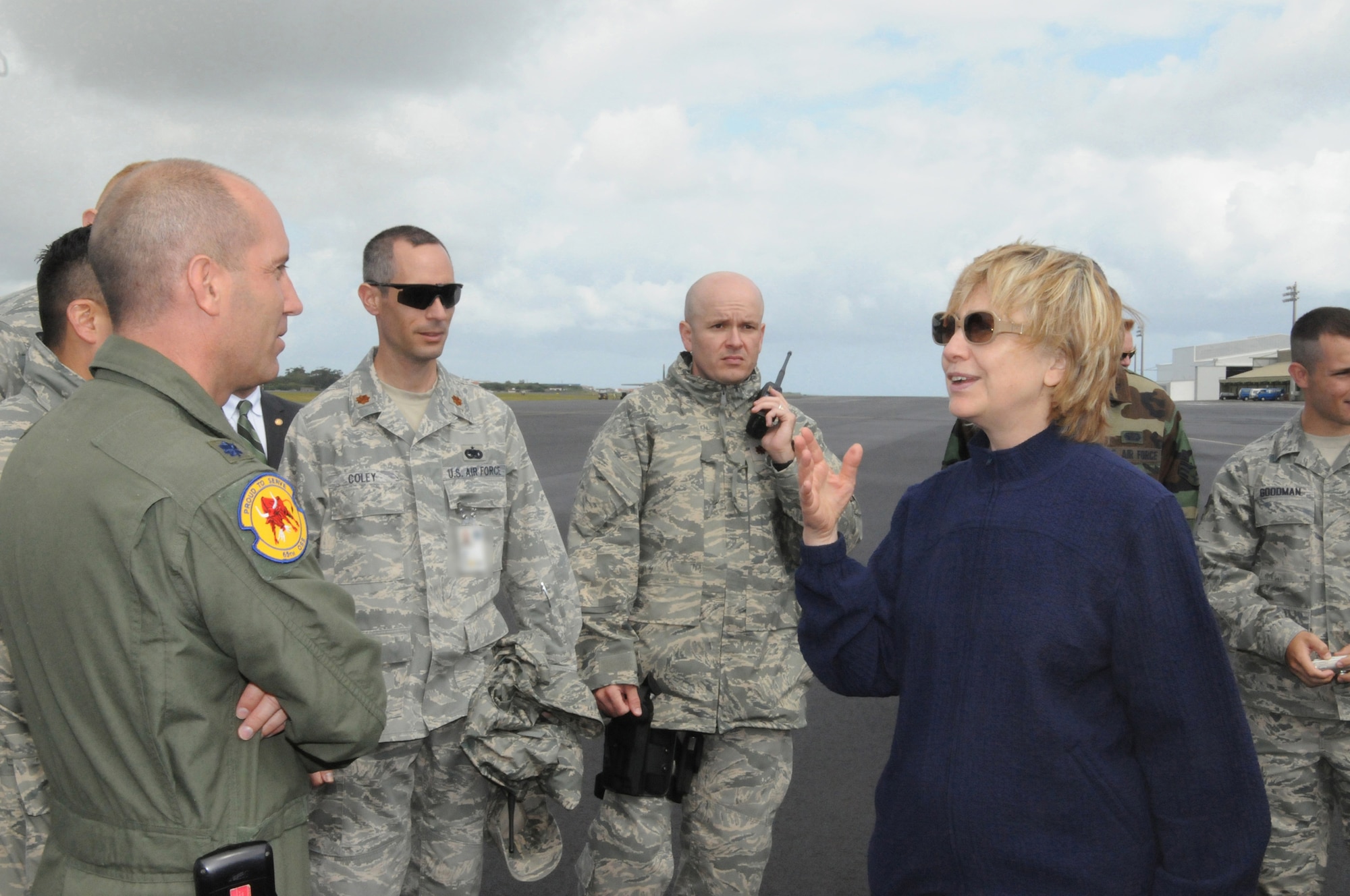 Secretary of State Hillary Rodham Clinton speaks with Lt. Col. Edward Van Gheem, 65th Operations Support Squadron Commander during a stop at Lajes Field, Azores, Portugal on June 3.  Secretary Clinton stopped here en route to Cairo, Egypt to join President Barack Obama for his speech, and participate in the President's meeting with President Hosni Mubarak.  (U.S. Air Force photo by Tech Sgt. Rebecca F. Corey))