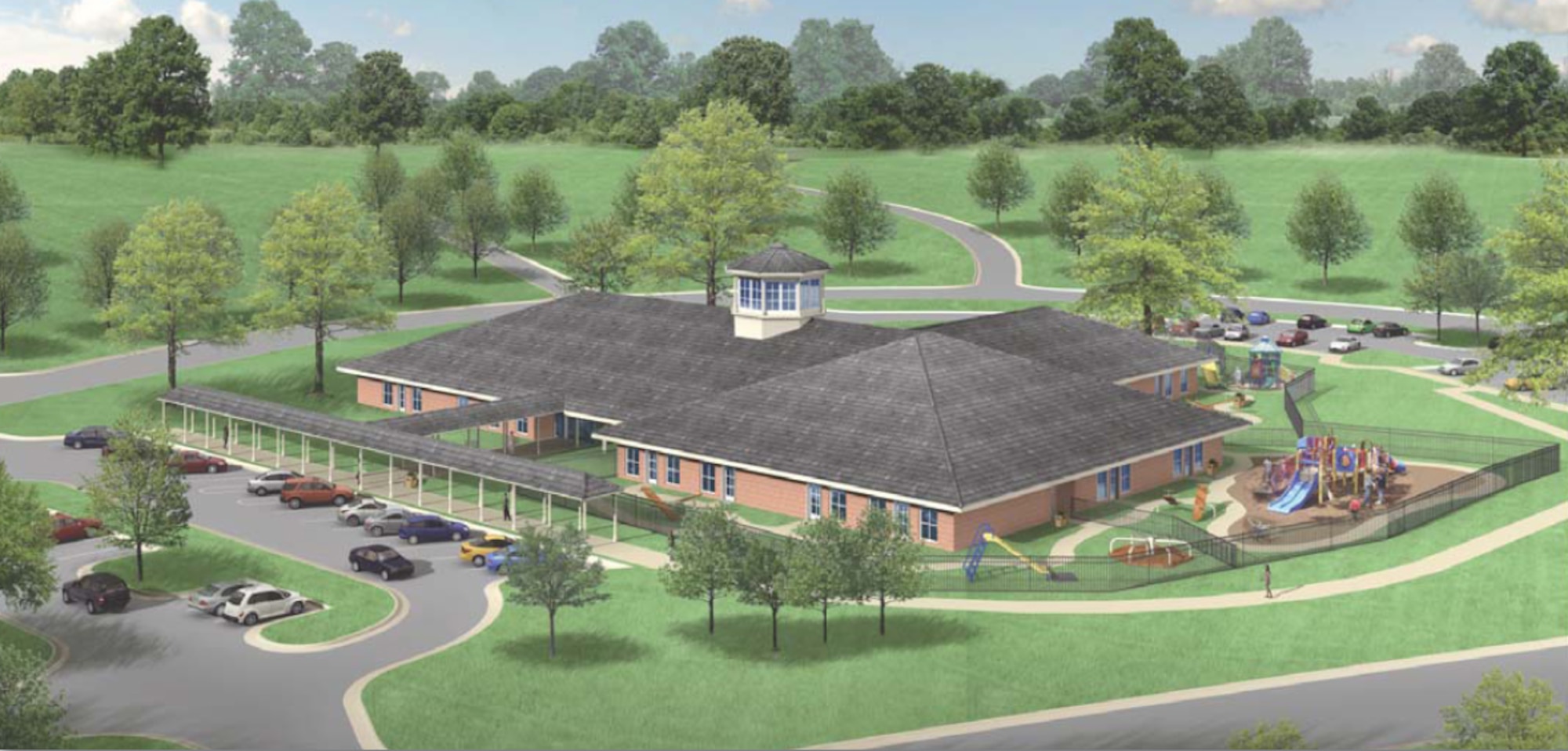 This artist rendering shows what the new Columbus Air Force Base Child Development Center may look like upon completion. The 14th Flying Training Wing broke ground on the new, $6.5 million facility June 3. (U.S. Air Force graphic). 