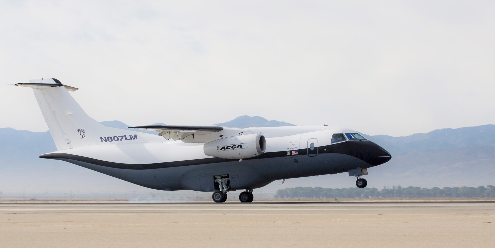 The Advanced Composite Cargo Aircraft made its first test flight June 2 from Air Force Plant 42 in Palmdale, Calif. The ACCA is proof of concept technology demonstrator for advanced composite manufacturing processes in a full-scale, certified aircraft. It was developed by Air Force Research Laboratory and Lockheed Martin officials. (Courtesy photo) 
