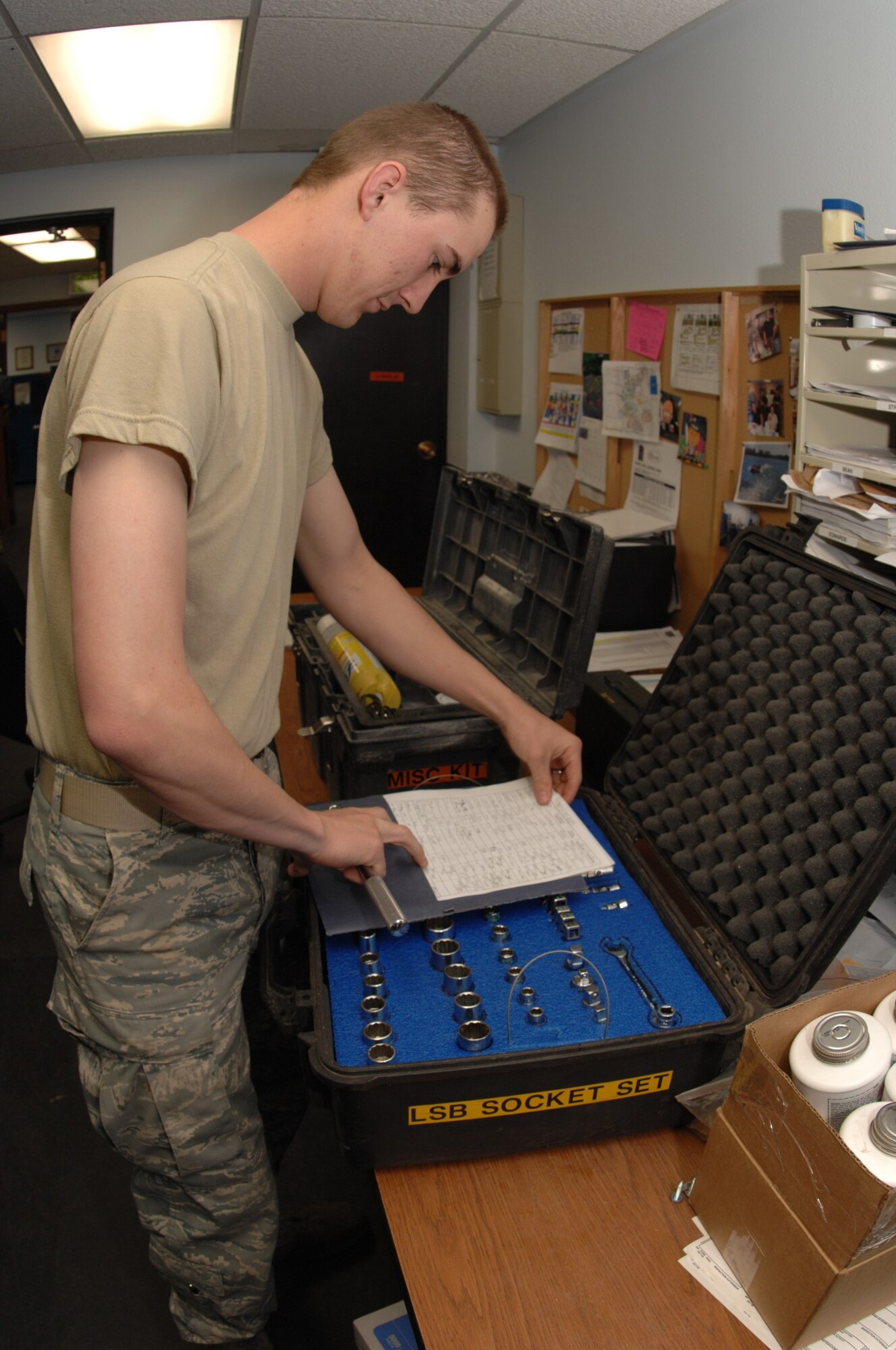 MINOT AIR FORCE BASE, N.D. -- Airman 1st Class Jayson Moeller, 91st Missile Maintenance Squadron, facilities maintenance support section technician, verifies a tool checklist here May 28.  Airmen from the 91st MMXS are responsible for providing maintenance and logistics support for the 91 Missile Wing. (U.S. Air Force photo by Staff Sgt. Angel Gallardo) 
