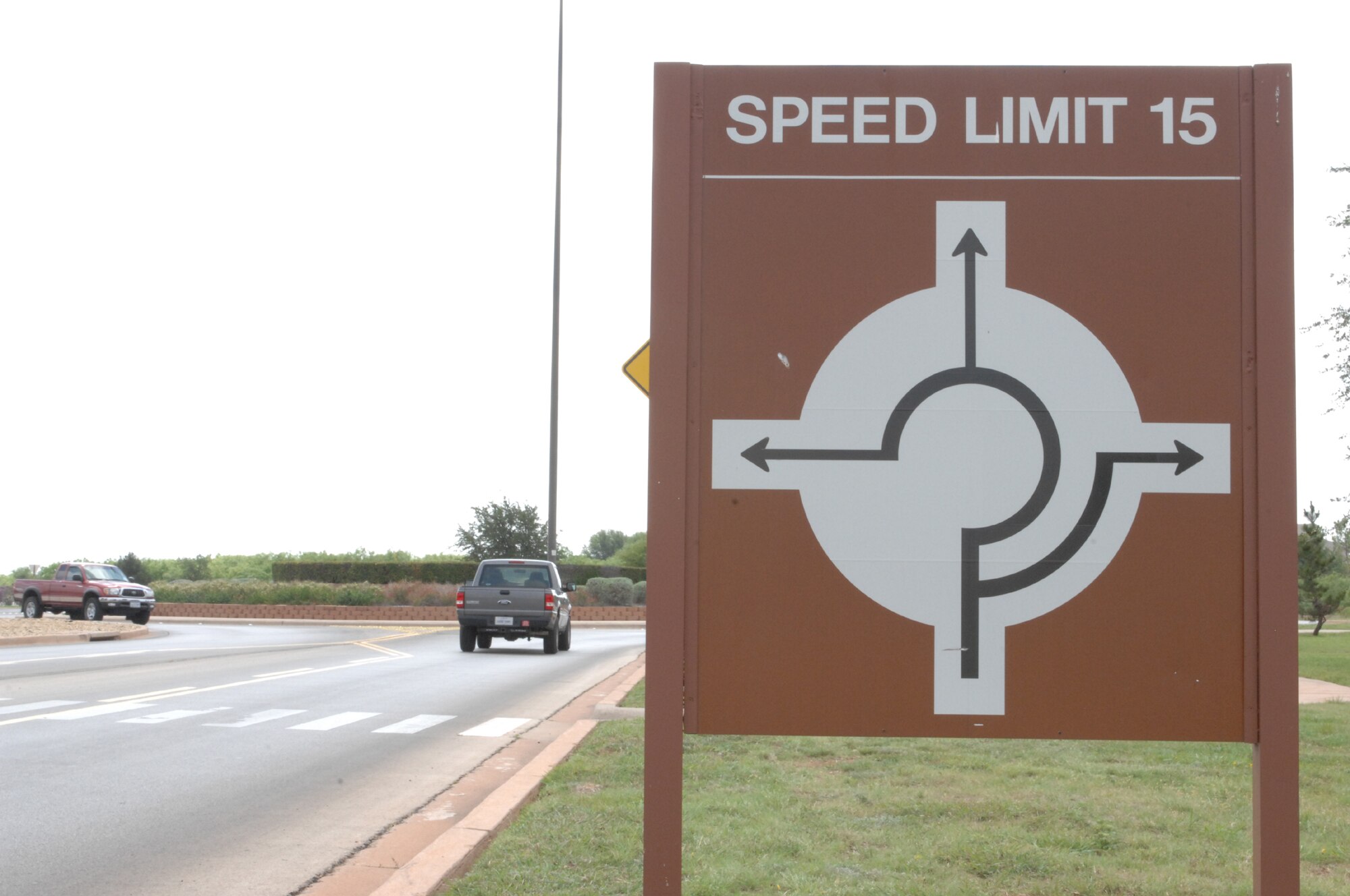 DYESS AIR FORCE BASE, Texas - As a reminder to all base personnel who drive it is important to follow the traffic circle rules. When entering the circle the speed limit is 15 MPH. Traffic in the inside lane have the right of way. When entering yield to any traffic that is in the inside lane, as they will be entering the outside lane. (U.S. Air Force photo)