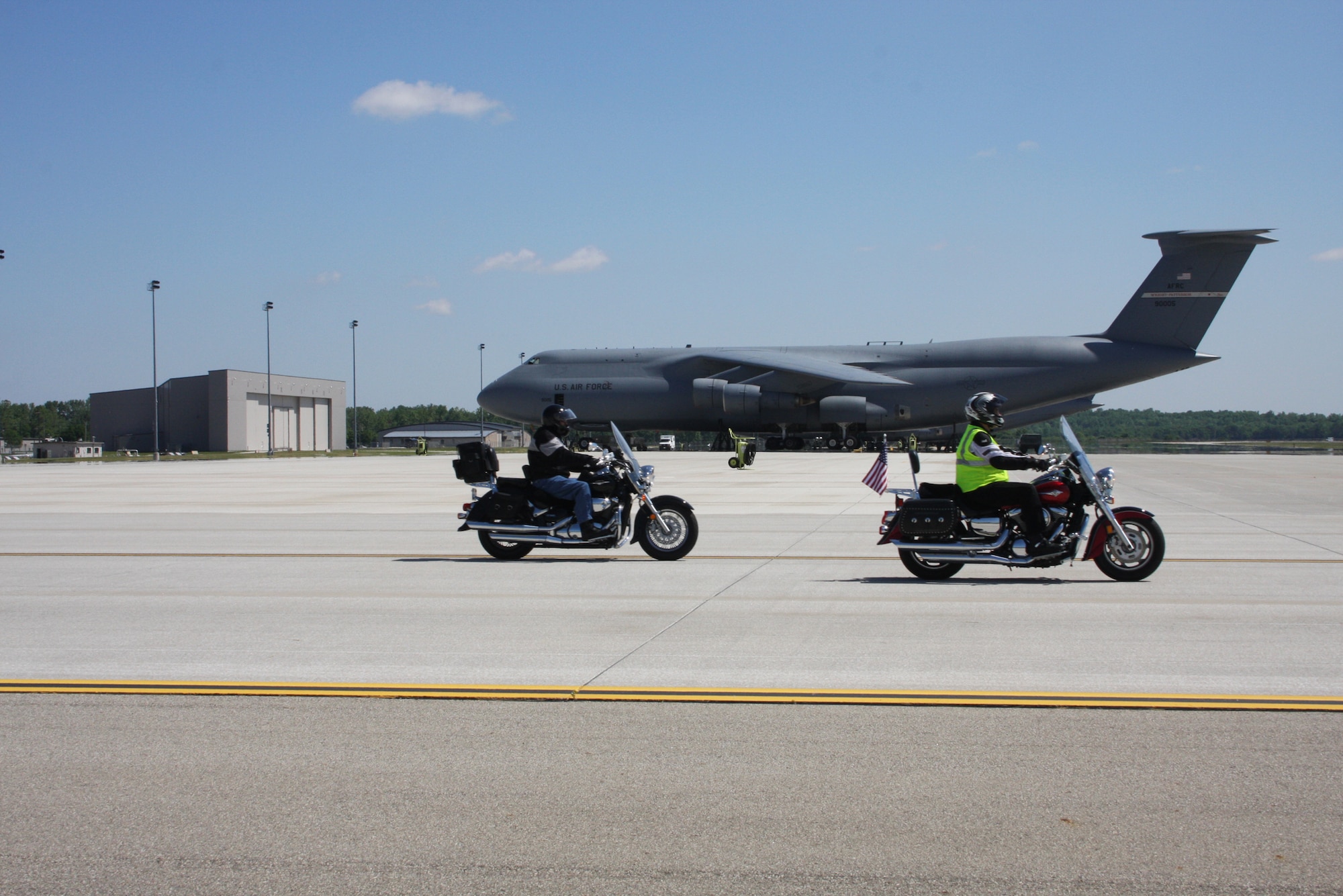 WRIGHT-PATTERSON AIR FORCE BASE, Ohio - The C-5 Galaxy provided the perfect background for a motorcycle ride to more than 240 motorcycle enthusiasts, including 10 riders from the 445th Airlift Wing, participating in the 5th Annual Spring Motorcycle Event May 29. 
