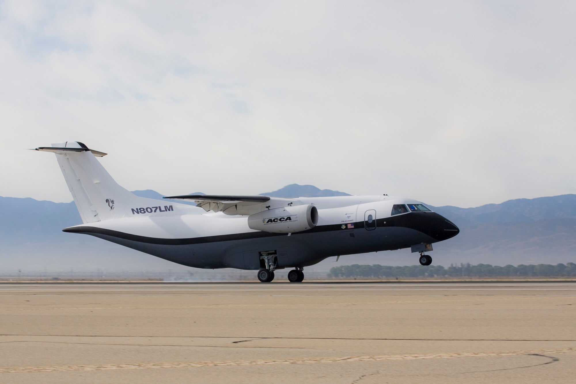 The Advanced Composite Cargo Aircraft made its first test flight June 2 from Air Force Plant 42 in Palmdale, Calif.  The ACCA is proof of concept technology demonstrator for advanced composite manufacturing processes in a full-scale, certified aircraft. It was developed by the Air Force Research Laboratory and Lockheed Martin.  (Lockheed Martin photo/Denny Lombard)
