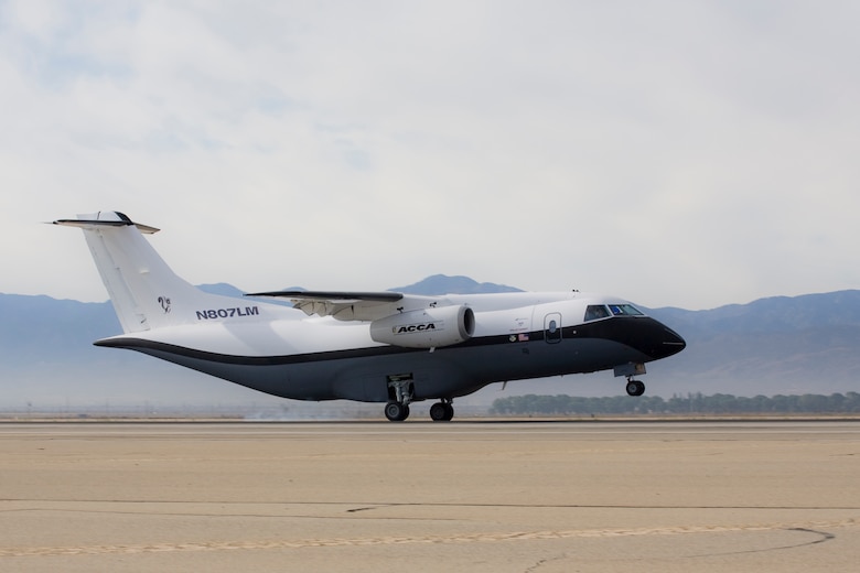 The Advanced Composite Cargo Aircraft made its first test flight June 2 from Air Force Plant 42 in Palmdale, Calif.  The ACCA is proof of concept technology demonstrator for advanced composite manufacturing processes in a full-scale, certified aircraft. It was developed by the Air Force Research Laboratory and Lockheed Martin.  (Lockheed Martin photo/Denny Lombard)
