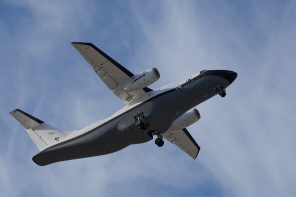 The Advanced Composite Cargo Aircraft (ACCA) successfully completed its first test flight, prompting its new Air Force–official designation as the X-55A.  Developed by AFRL and Lockheed Martin, the craft is a modified Dornier 328J, the fuselage and vertical tail of which were removed and replaced with novel structural designs based on advanced composite materials fabricated via low-temperature, out-of-autoclave curing. (Lockheed Martin photo)