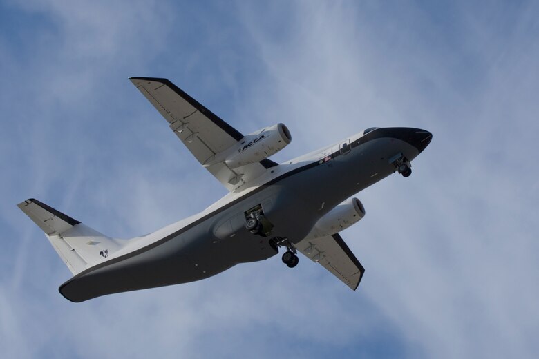 The Advanced Composite Cargo Aircraft made its first test flight June 2 from Air Force Plant 42 in Palmdale, Calif.  The ACCA is a modified Dornier 328J aircraft.  The fuselage aft of the crew station and the vertical tail were removed and replaced with completely new structural designs made of advanced composite materials fabricated using out-of-autoclave curing.  It was developed by the Air Force Research Laboratory and Lockheed Martin.  (Lockheed Martin photo/Paul Weatherman)
