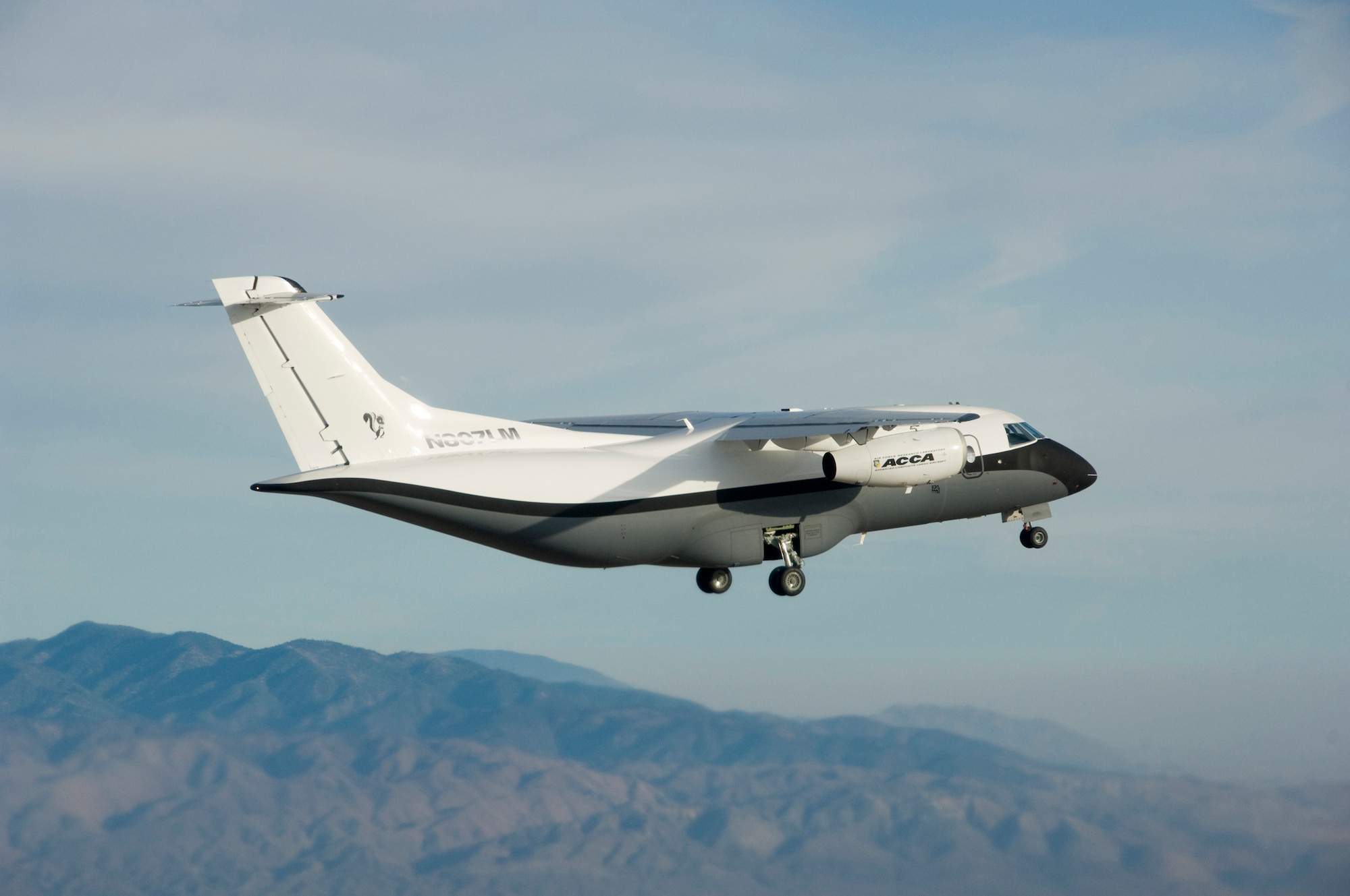 The Advanced Composite Cargo Aircraft made its first test flight June 2 from Air Force Plant 42 in Palmdale, Calif.  The ACCA is proof of concept technology demonstrator for advanced composite manufacturing processes in a full-scale, certified aircraft. It was developed by the Air Force Research Laboratory and Lockheed Martin.  (NASA Dryden Flight Research Center photo/Carla Thomas)
