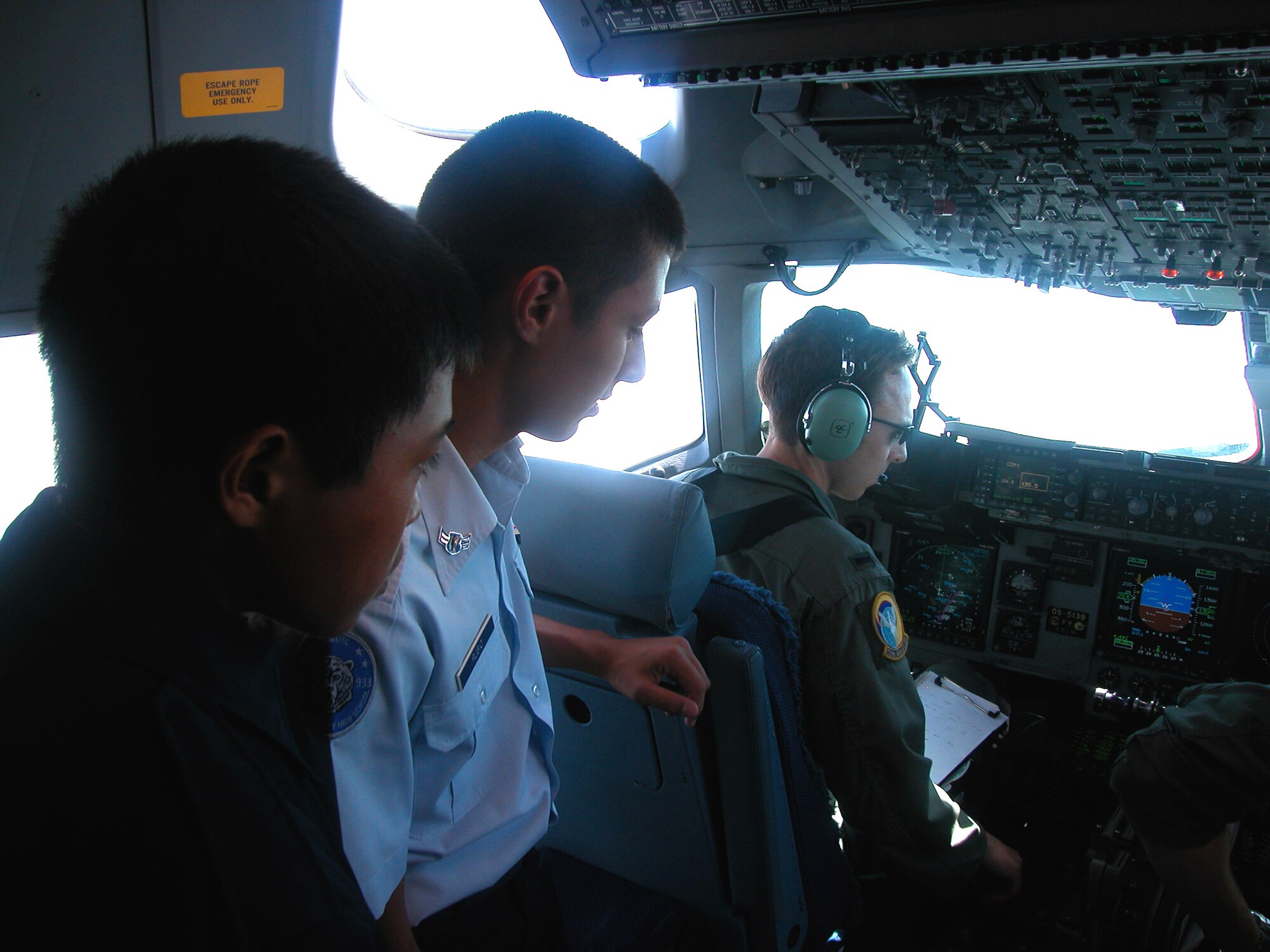 Thirty-one Temecula Valley High School Junior ROTC cadets flew on a 452 AMW C-17 as part of their flight ops curriculum during a recent visit to the base. (U.S. Air Force photo by Senior Airman Kara McGrath)