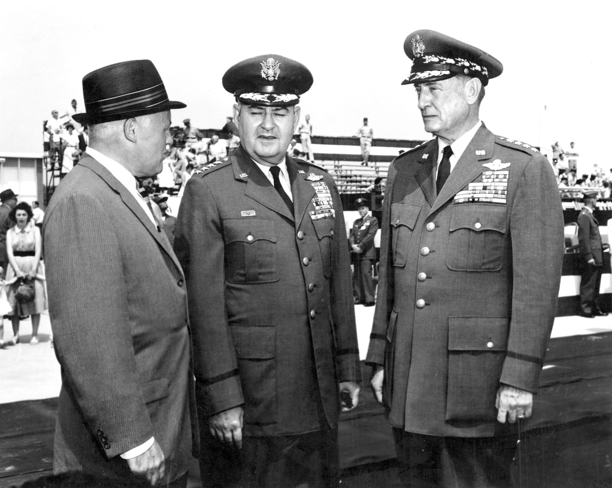 Gen. T.D. White (right) with his successor as Chief of Staff, Gen. Curtis LeMay, and Secretary of the Air Force Eugene M. Zuckert, at White’s retirement ceremony. (U.S. Air Force photo)
