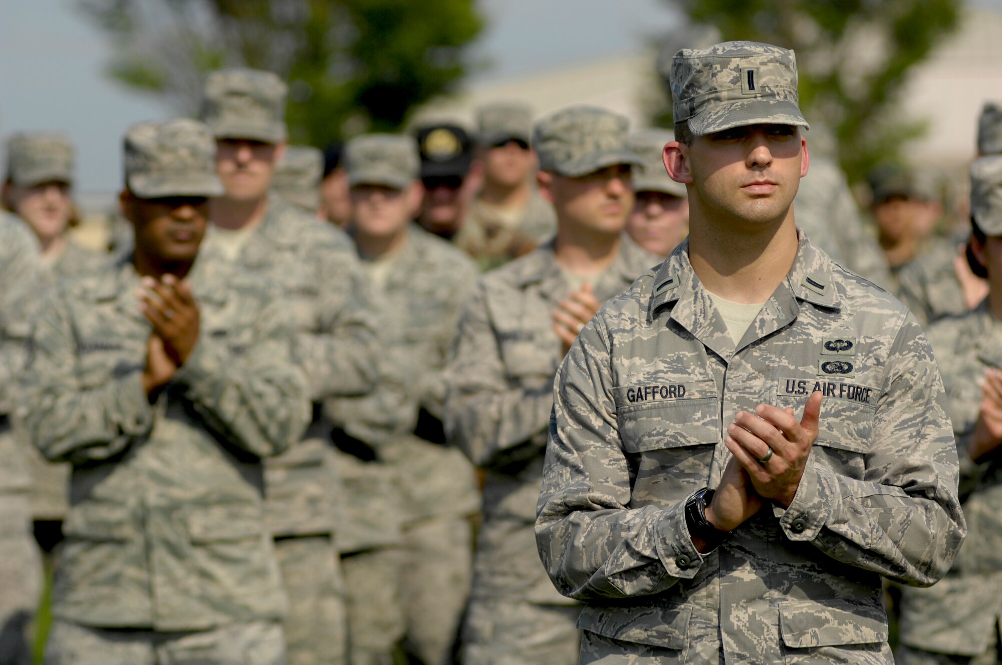 SHAW AIR FORCE BASE, S.C. -- 1st Lt. Charles Gafford, 20th Communications Squadron, leads a formation of 20th Fighter Wing personnel during the 2009 Memorial Day Retreat Ceremony, May 29. The 20th Fighter Wing held the ceremony in memory of those who were lost in prior conflicts and the 11 airmen who gave their lives in the last year in Iraq and Afghanistan. (U.S. Air Force photo/Senior Airman Kathrine McDowell)(Released)