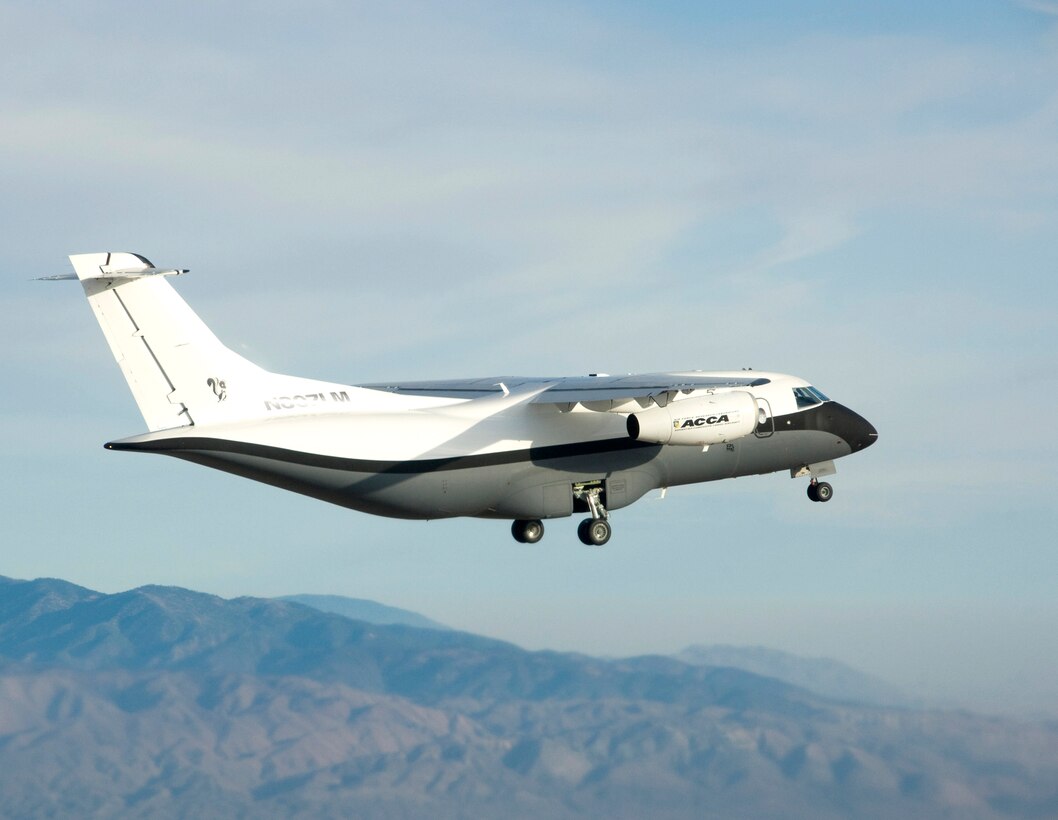 The Advanced Composite Cargo Aircraft makes its first test flight from Air Force Plant 42 June 2 in Palmdale, Calif. The ACCA is proof of concept technology demonstrator for advanced composite manufacturing processes in a full-scale, certified aircraft. It was developed by officials from the Air Force Research Laboratory and Lockheed Martin. (Courtesy photo)