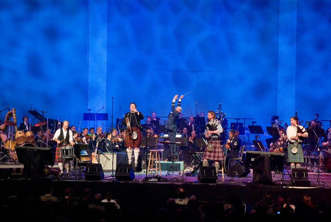 Feb. 2007:  American Celtic quartet, The Rogues, perform with The USAF Band for a Guest Artist Series concert at the Daughters of the American Revolution Constitution Hall. (Photo provided by David Litvin)