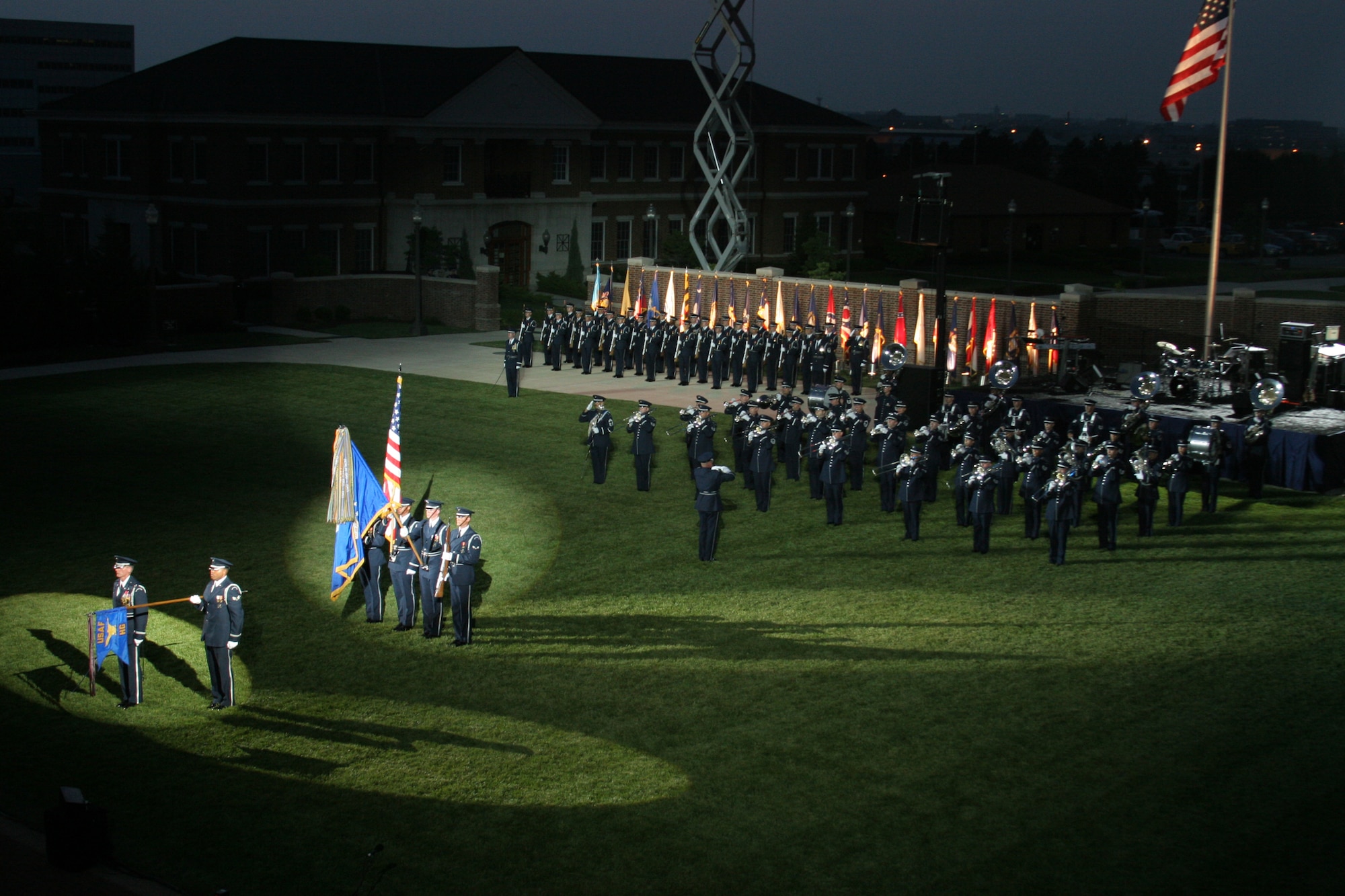 July 2005:  Colonel Layendecker leads the playing of the National Anthem at the 2005 Air Force Tattoo held on the Ceremonial Lawn at Bolling AFB. (Photo by Senior Master Sgt. (Ret.) Robert Mesite)