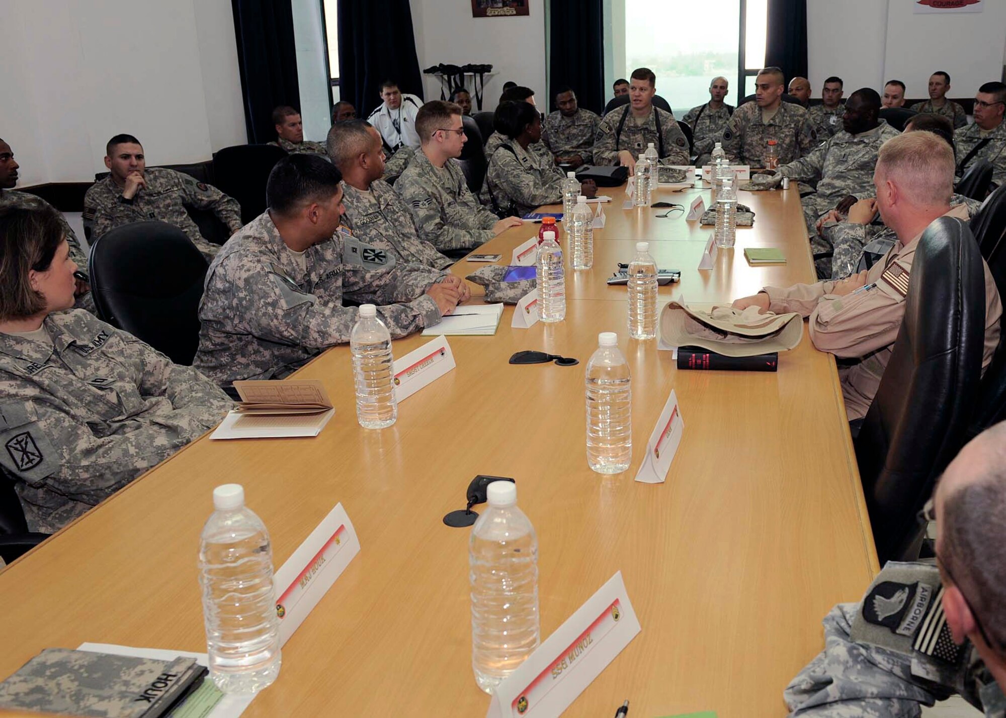 Members of Multinational Corps-Iraq came together at the Joint Airspace Interoperability Synchronization Conference May 30 at Camp Victory, Iraq. Key players from the Army, Air Force and civilians from all over Iraq and the Combined Air Operations Center discuss the complexities of managing the joint air picture and how to improve joint tactics, techniques and procedures. (U.S. Air Force photo/Senior Airman Jacqueline Romero) 
