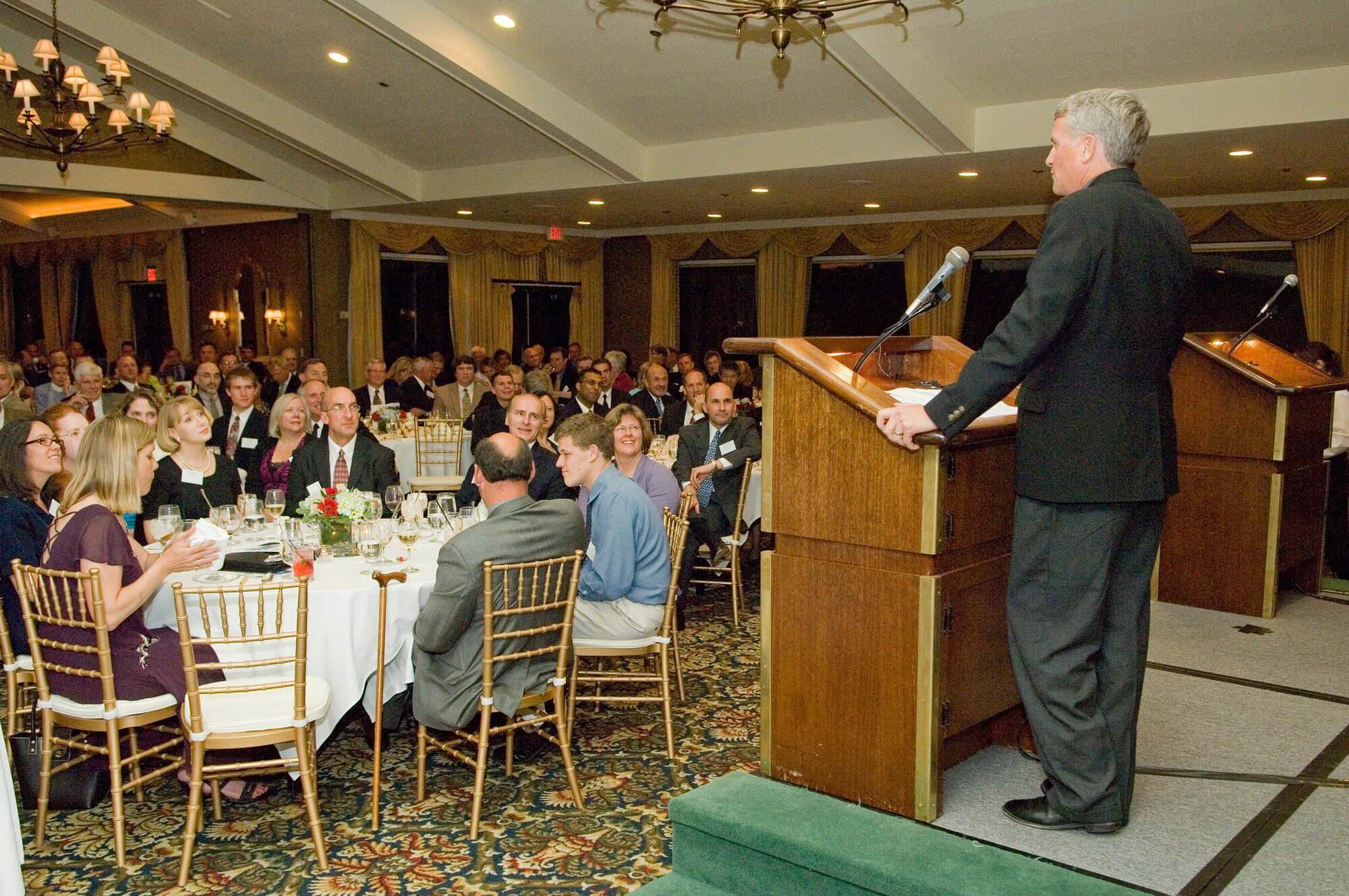 Maj. Gen. David Eichhorn, commander of the Air Force Flight Test Center, Edwards Air Force Base, Calif., addresses those gathered for the annual Chief of Staff Scholarship dinner at the International Club in Bolton, Mass., June 2.  The scholarship dinner is sponsored by the Paul Revere Chapter of the Air Force Association, which awarded $12,000 in scholarship money to superior students in the Hanscom AFB community.  (USAF Photo by Mark Wyatt)