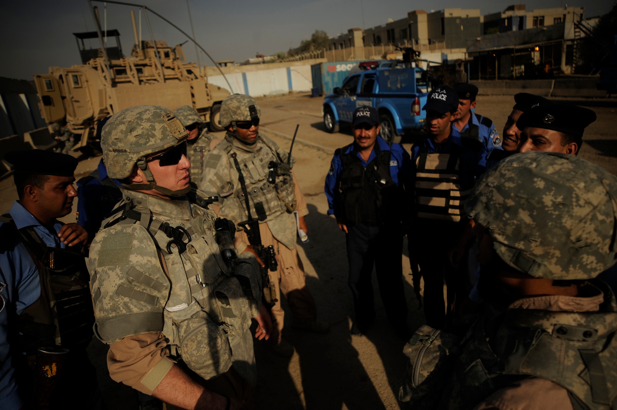 U.S. Air Force Senior Airman George Brodish, a Security Forces Airman assigned to the 732nd Expeditionary Security Forces Squadron Det. 3, advises and trains Iraqi Police May 11, 2009, in Baghdad. Airman Brodish is deployed from Ellsworth Air Force Base, S.D. (U.S. Air Force Photo by Staff Sgt. Shawn Weismiller
