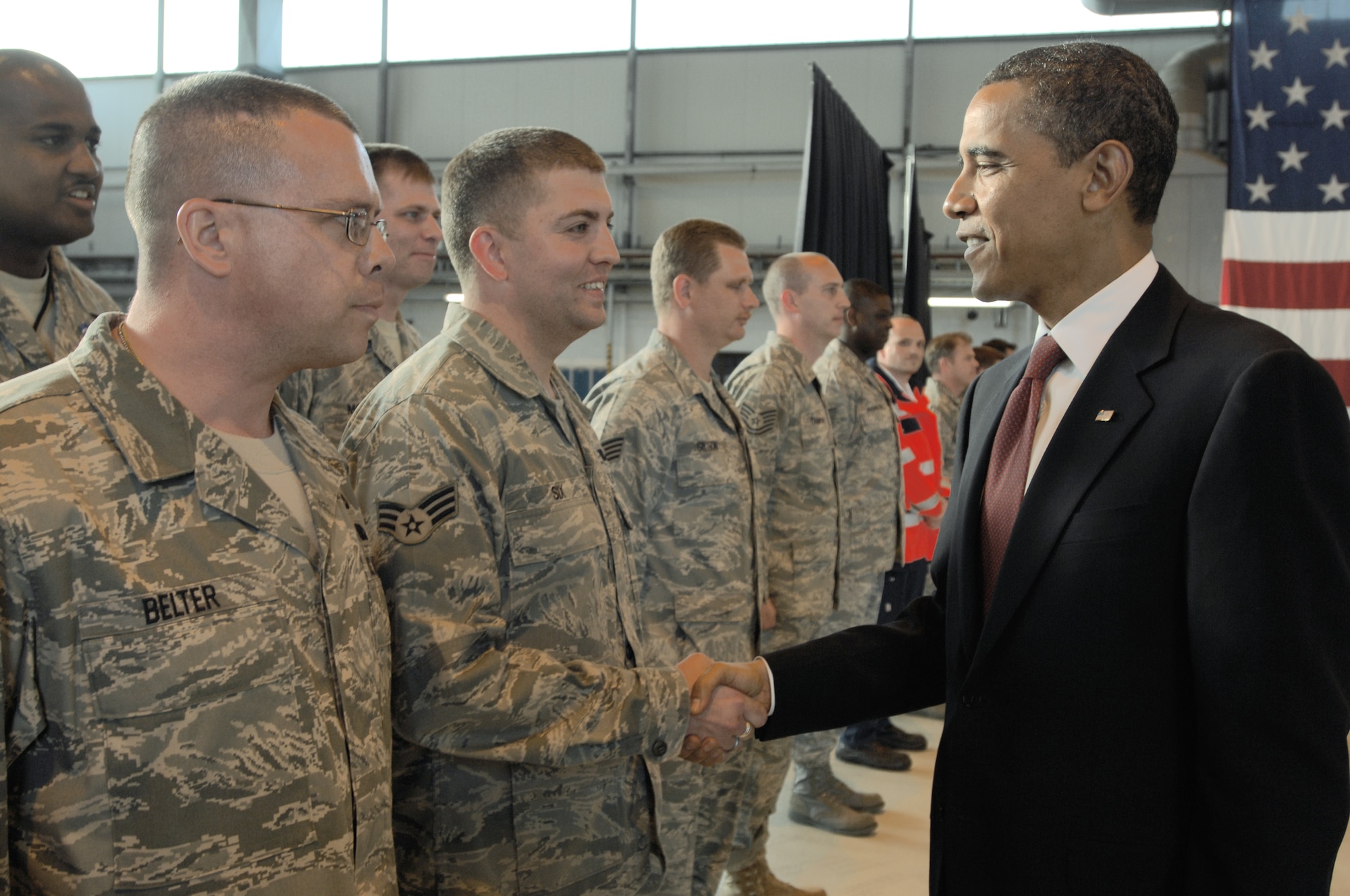 President Barack Obama meets with Airmen June 5 during a stop Ramstein Air Base, Germany.  The president was en route to nearby Landstuhl Regional Medical Center, Germany, to visit wounded U.S. servicemembers being treated there. (U.S. Air Force photo/Senior Airmen Kenny Holston)