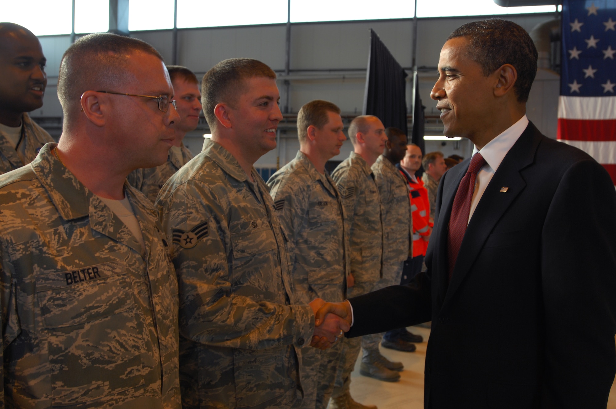 President Barack Obama meets with Ramstein Airmen, June 5, 2009, Ramstein Air Base, Germany. President Barack Obama arrived at Ramstein en route to Landstuhl Regional Medical Center, Germany, to visit wounded U.S. military members being treated there. (U.S. Air Force photo by Senior Airman Kenny Holston)