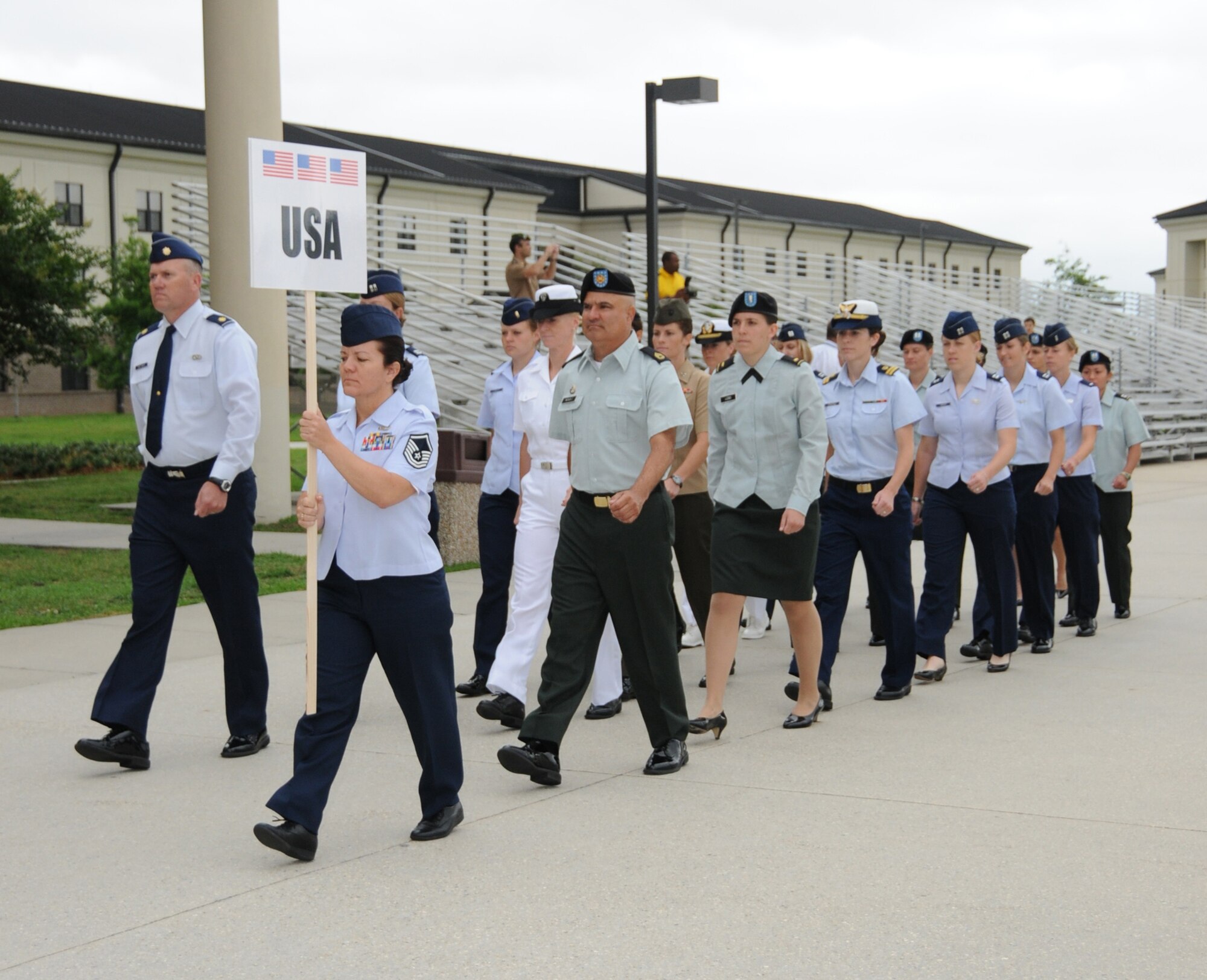 An opening ceremony June 6 marks the beginning of the 5th CISM Women's Soccer Championship.  Teams from Brazil, Canada, France, Germany, The Netherlands, The Republic of South Korea, and the United States marched in a Keesler parade to kick off the ten-day event.  The ceremony also featured drill demonstrations from the 334th Training Squadron, remarks from Col. Ian Dickinson, 81st Training Wing commander, and Col. Stefan margeane, official CISM representative.  Organizers say the tournament represents a chance to build bonds and friendships between the countries, and encourages the CISM's motto "Friendship through Sports."  (U.S. Air Force photo by Kemberly Groue)