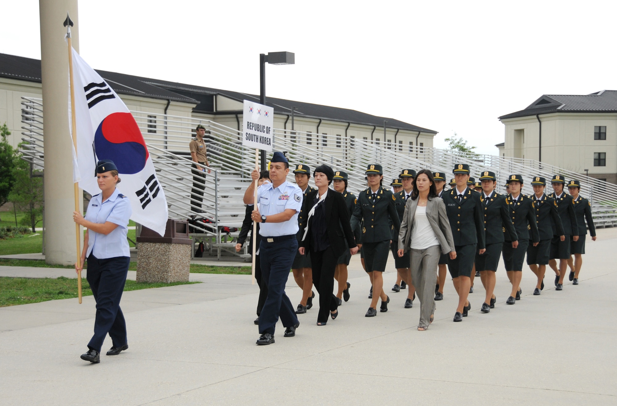 An opening ceremony June 6 marks the beginning of the 5th CISM Women's Soccer Championship.  Teams from Brazil, Canada, France, Germany, The Netherlands, The Republic of South Korea, and the United States marched in a Keesler parade to kick off the ten-day event.  The ceremony also featured drill demonstrations from the 334th Training Squadron, remarks from Col. Ian Dickinson, 81st Training Wing commander, and Col. Stefan margeane, official CISM representative.  Organizers say the tournament represents a chance to build bonds and friendships between the countries, and encourages the CISM's motto "Friendship through Sports."  (U.S. Air Force photo by Kemberly Groue)