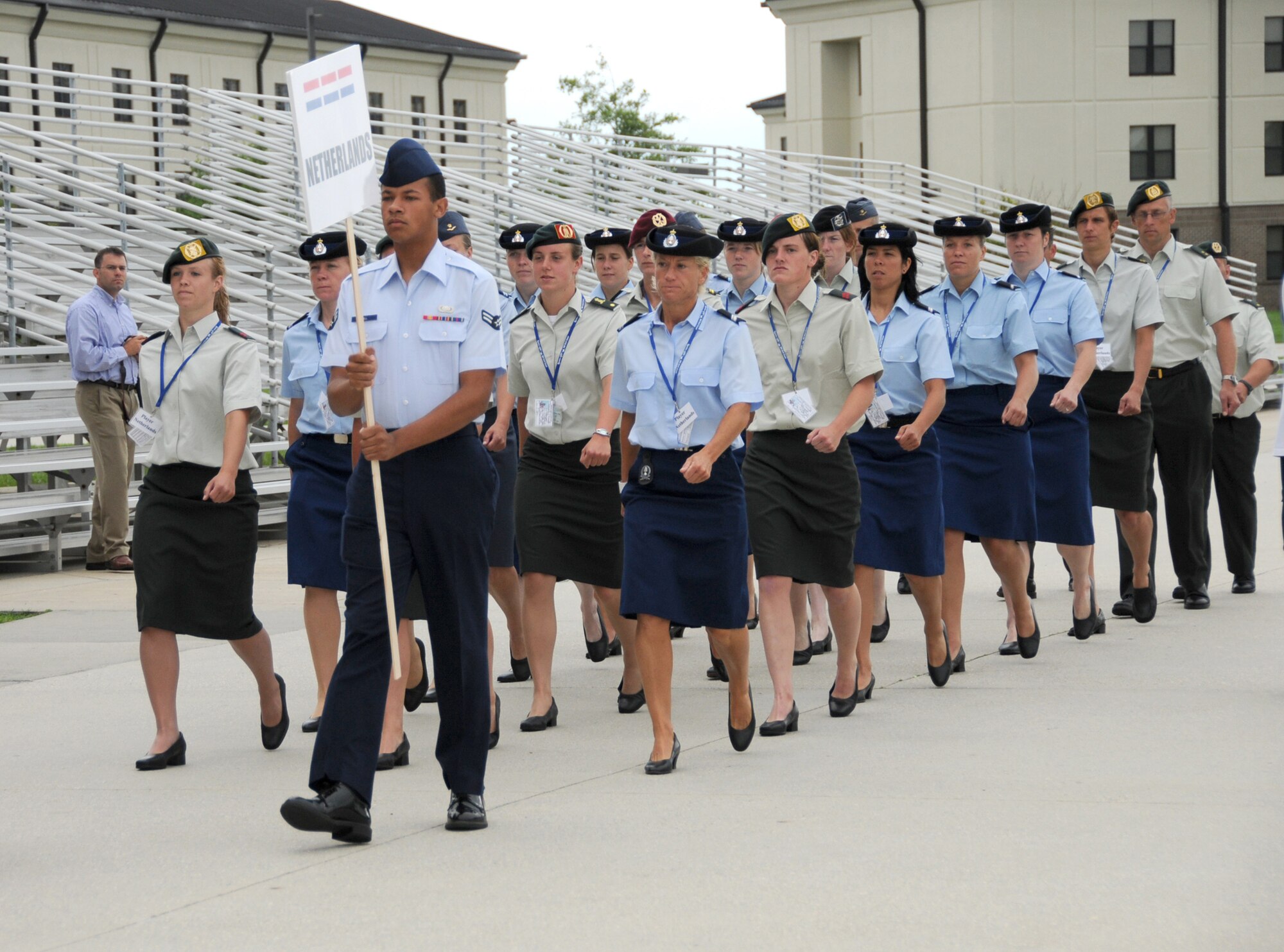 An opening ceremony June 6 marks the beginning of the 5th CISM Women's Soccer Championship.  Teams from Brazil, Canada, France, Germany, The Netherlands, The Republic of South Korea, and the United States marched in a Keesler parade to kick off the ten-day event.  The ceremony also featured drill demonstrations from the 334th Training Squadron, remarks from Col. Ian Dickinson, 81st Training Wing commander, and Col. Stefan margeane, official CISM representative.  Organizers say the tournament represents a chance to build bonds and friendships between the countries, and encourages the CISM's motto "Friendship through Sports."  (U.S. Air Force photo by Kemberly Groue)