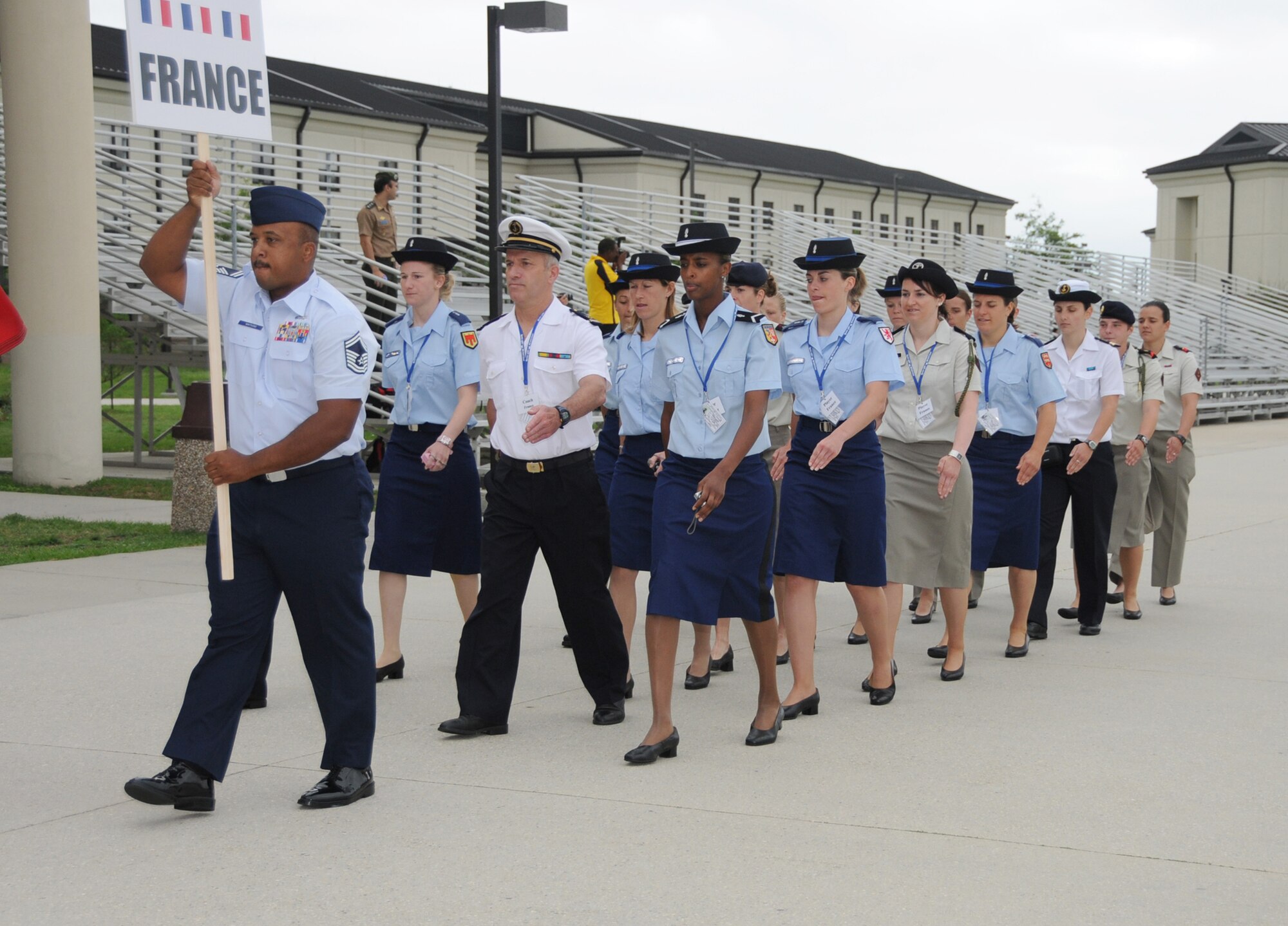 An opening ceremony June 6 marks the beginning of the 5th CISM Women's Soccer Championship.  Teams from Brazil, Canada, France, Germany, The Netherlands, The Republic of South Korea, and the United States marched in a Keesler parade to kick off the ten-day event.  The ceremony also featured drill demonstrations from the 334th Training Squadron, remarks from Col. Ian Dickinson, 81st Training Wing commander, and Col. Stefan margeane, official CISM representative.  Organizers say the tournament represents a chance to build bonds and friendships between the countries, and encourages the CISM's motto "Friendship through Sports."  (U.S. Air Force photo by Kemberly Groue)