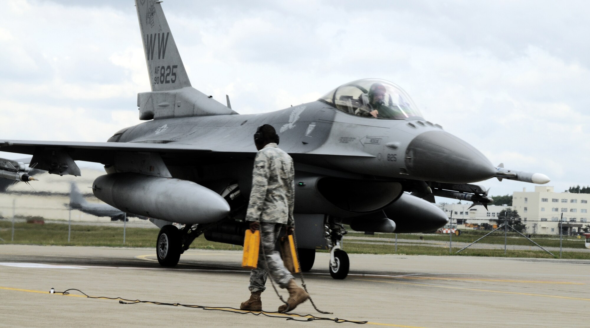 A 14th Fighter Squadron F-16 Fighting Falcon taxies in after completing a mission June 1 at Misawa Air Base, Japan. Airmen of the 14th FS spent the last three months rebuilding skill sets in their primary mission of air-to-air and suppression of enemy air defenses. (U.S. Air Force photo/Senior Airman Jamal D. Sutter) 
