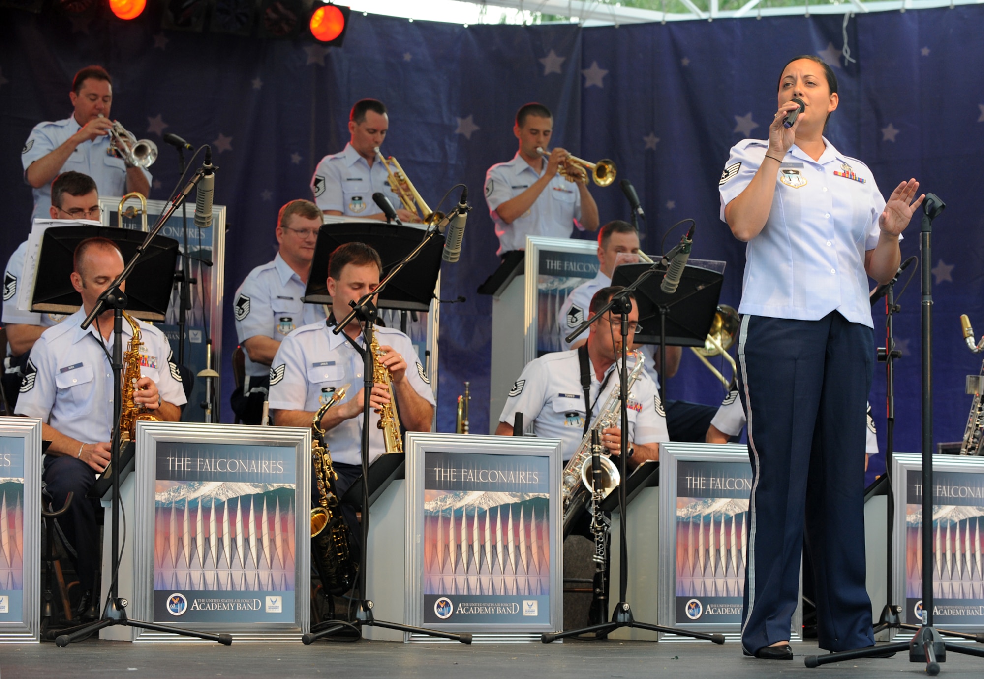 The U.S. Air Force Academy Falconaires perform during Salt lake City Air Force Week June 4.  The Falconaires are one of two Air Force premier jazz ensembles that have brought the sounds of Big Band Jazz to national audiences for more the  50 years. (U.S. Air Force photo by Alex R. Lloyd)