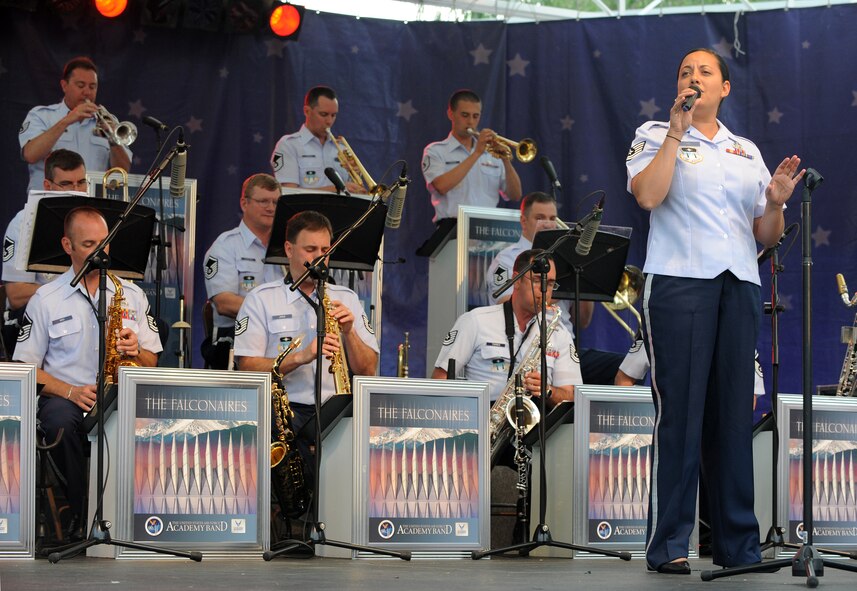 The U.S. Air Force Academy Falconaires perform during Salt lake City Air Force Week June 4.  The Falconaires are one of two Air Force premier jazz ensembles that have brought the sounds of Big Band Jazz to national audiences for more the  50 years. (U.S. Air Force photo by Alex R. Lloyd)