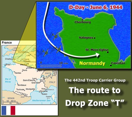 The route the 442nd Troop Carrier Group traversed into Normandy, France, during the early morning hours of June 6, 1944 took them west of the Cherbourg peninsula and over the Channel Islands to approach their designated drop zone near St. Mere Eglise. Aboard the 442nd's 45 C-47 Skytrain aircraft were paratroopers from the 82nd Airborne. The 442nd TCG was the World War II predecessor of the 442nd Fighter Wing. (Graphic by Master Sgt. Bill Huntington)