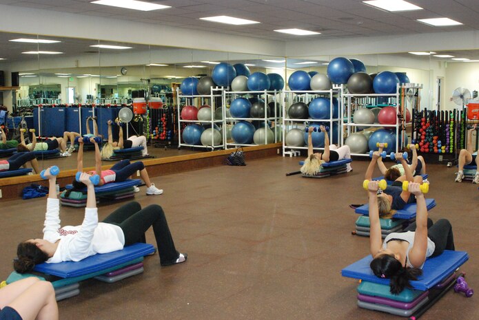 Beale members work out as part of a fitness class March 10 at the Harris Fitness Center. The fitness center conducts several types of classes to keep Team Beale is top shape. (Photo by Airman 1st Class Daniel Rosenau)