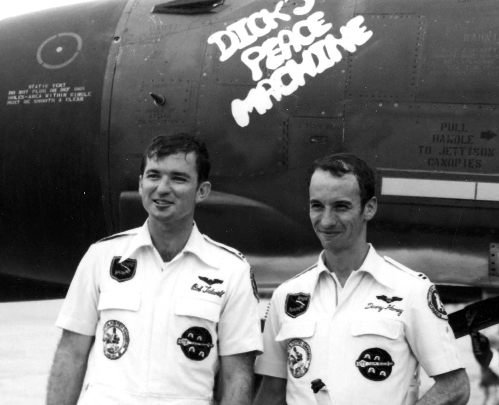 Capt. Robert Tidwell (l) and Capt. Dennis Haney (r)—two of the eighteen Wild Weasel F-4C crewmen who flew in LINEBACKER operations—shortly after the war ended. (U.S. Air Force photo)