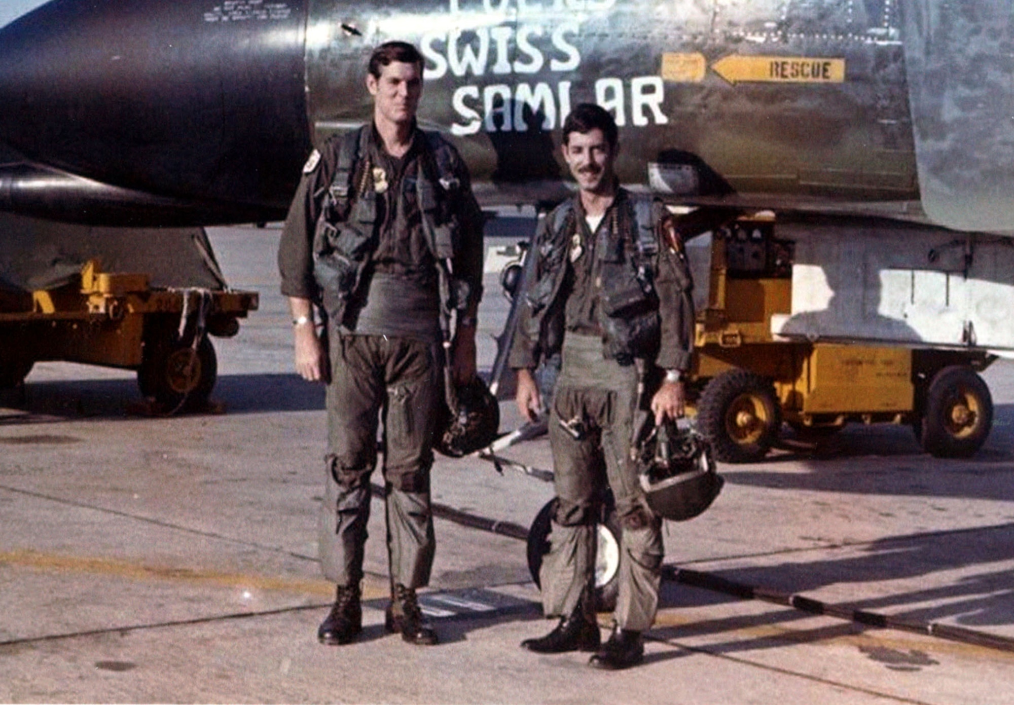 Pictured are Capt. Dick Myers (l) with Capt. Don Triplett (r), EWO. Myers was an flew LINEBACKER missions over North Vietnam. He later rose to the rank of four star general, and from 2001-2005 was the Chairman of the Joint Chiefs of Staff. (U.S. Air Force photo)