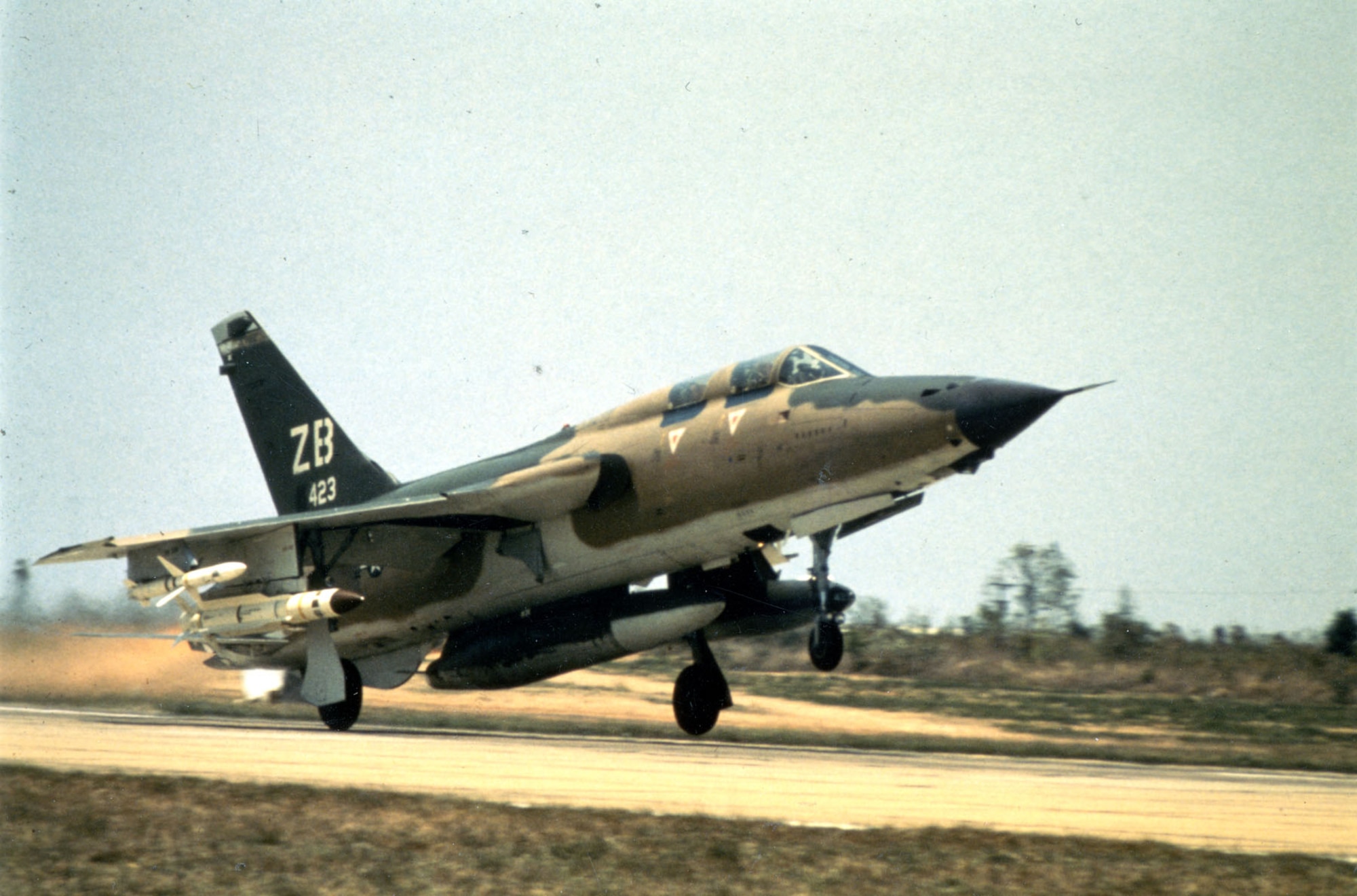 F-105G taking off on a mission from Korat in 1971. Note that it is loaded with only one Standard missile (there is a droppable fuel tank on the other wing). (U.S. Air Force photo)
