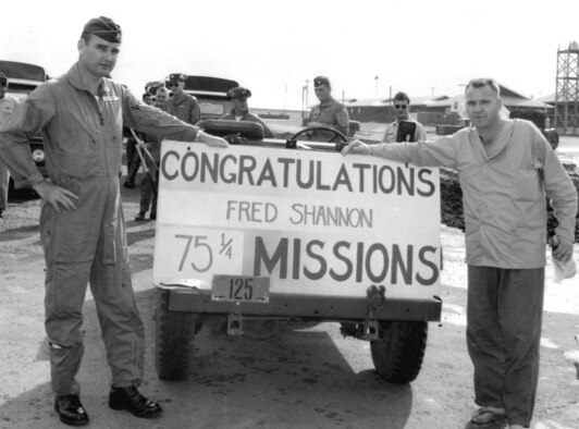 On the way north during a mission in September 1967, McInerney (l) and Shannon (r) had an engine failure which forced them to eject. Shannon’s leg was broken, ending his tour.