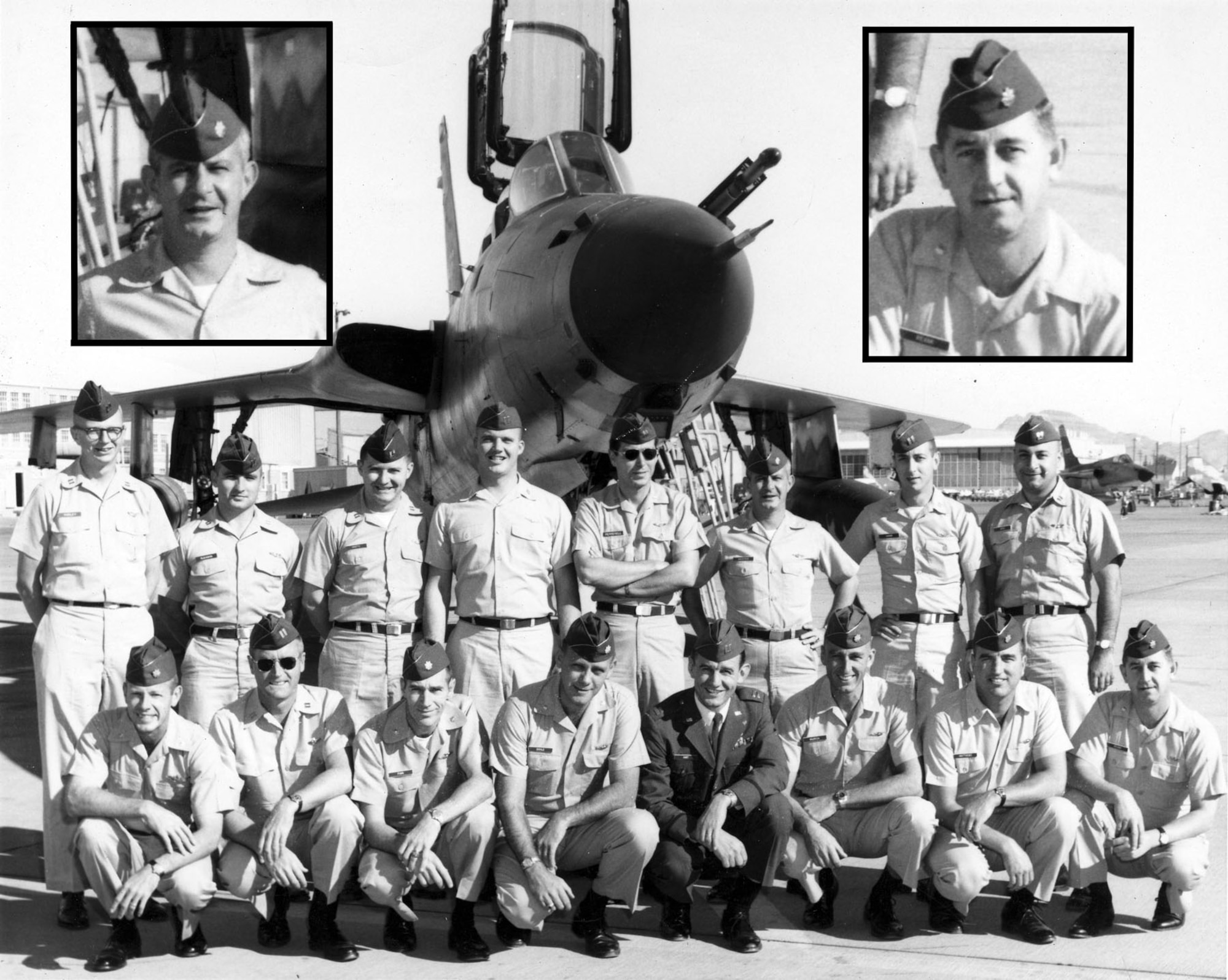 Majs. Revak and Goldstein entered Wild Weasel Class III-17 at Nellis AFB in October 1967. (Revak is first on the right kneeling and Goldstein is third from right standing). (U.S. Air Force photo)