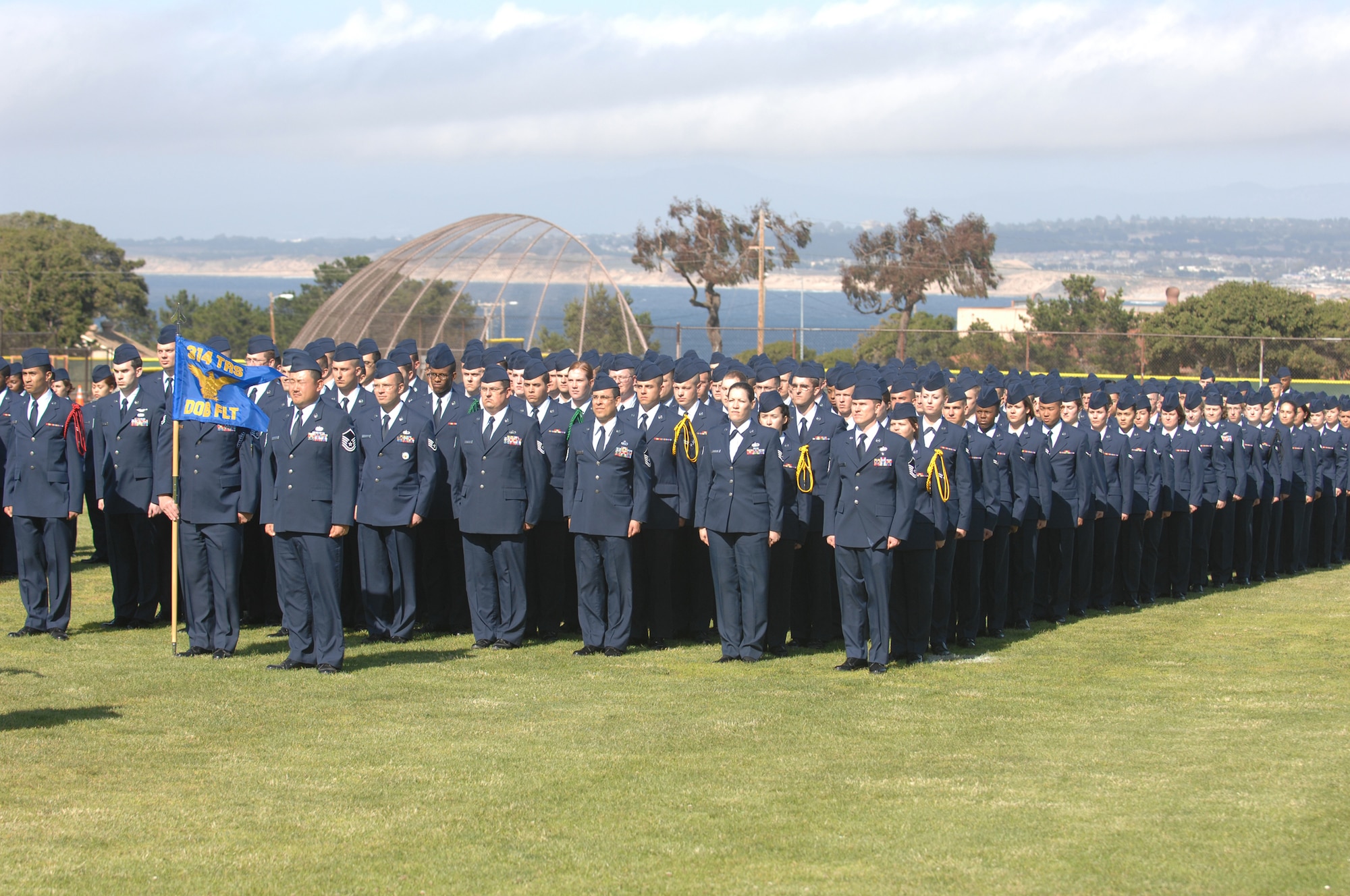 Members of the 314th Training Squadron stand at attention during the stand-up of the 517th Training Group at the Presidio of Monterey, Calif., May 15. The 517 TRG will encompass the 311th and 314th Training Squadrons and replaces the Air Force Element. (U.S. Air Force photo by Tech. Sgt. John Barton)